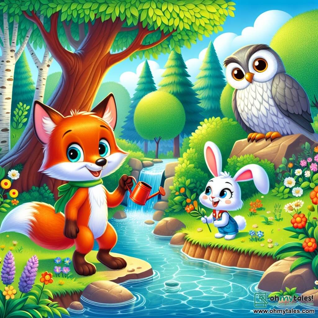 A bright orange fox named Felix, with shiny fur and a fluffy tail, looks on with sparkling eyes of excitement, standing on a rock by a sparkling stream. Next to him, an adorable white rabbit named Bella, with big ears and round eyes, smiles joyfully while holding a small watering can, ready to water the young trees they just planted. In the background, a wise old owl named Oliver, with gray feathers and wise eyes, watches them from a branch, displaying a proud and encouraging expression. The setting is a lush forest filled with majestic trees, colorful flowers, and a stream shimmering in the sunlight. The scene depicts Felix and Bella celebrating their success after cleaning the stream and planting trees, surrounded by vibrant and lively nature.