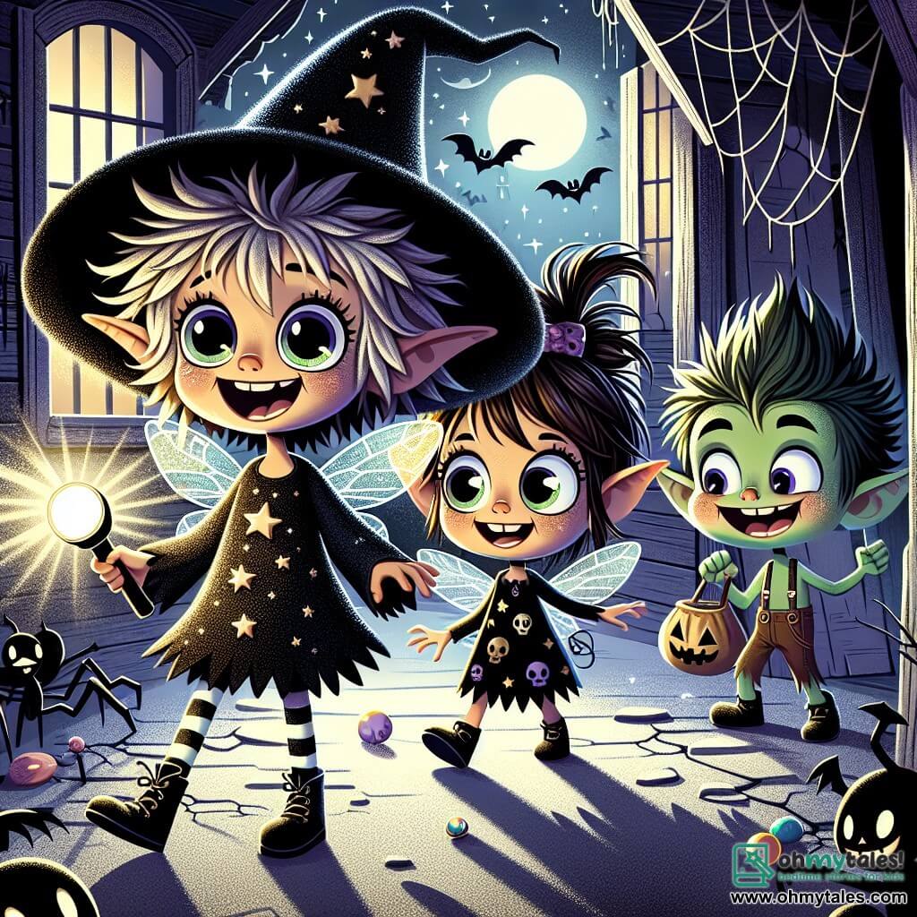 Fizzle, a small sprite with sparkling wings, is at the center of the image, wearing an excited smile. His messy hair shines like stars as he holds a flashlight lighting his way. Next to him, Lila, a young witch with an oversized pointed hat, laughs joyfully, her eyes sparkling with curiosity. She wears a black dress adorned with bat patterns and holds a sparkling wand. Gus, a small goblin with green skin and pointed ears, stands slightly back, laughing while holding a bag full of candies, his face showing slight nervousness but also determination. The setting is an old haunted house with cracked wooden walls, cobwebs in the corners, and windows with flapping shutters. The moon shines in the night sky, casting silver light on the ground, while shadows dance around them, creating a mysterious and magical atmosphere. The main scene shows Fizzle, Lila, and Gus preparing to enter the haunted house, their hearts racing with excitement and fear, ready to face the mysteries and adventures awaiting them inside.