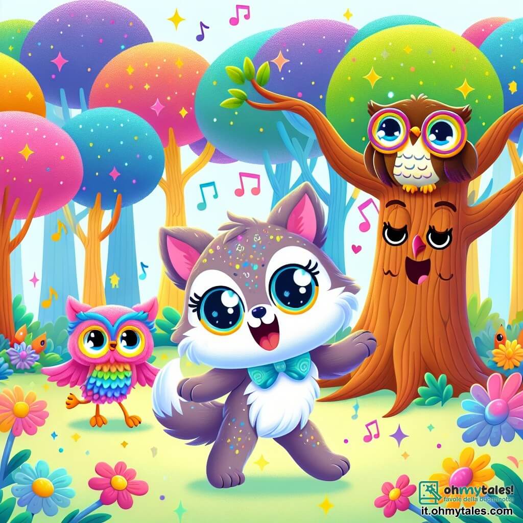 Un piccolo lupo adorabile, di nome Lupo Lollipop, con un pelo morbido e colorato, occhi brillanti di curiosità e un grande sorriso, danza gioiosamente in una foresta incantata, circondato da alberi dai tronchi multicolori che sembrano muoversi al ritmo della musica. Accanto a lui, un albero gigante con rami a forma di braccia, sorridente e agitando le sue foglie, incoraggia Lupo a danzare, mentre un gufo saggio, appollaiato su un ramo, osserva la scena con aria divertita e occhiali tondi sul naso. La foresta è piena di colori vivaci, con fiori giganti che cantano e farfalle dalle ali scintillanti che volano attorno a loro. La scena principale mostra Lupo Lollipop mentre danza con entusiasmo, creando un'allegra confusione, mentre gli altri animali della foresta si radunano attorno a loro, ridendo e applaudendo, pronti a unirsi alla festa.