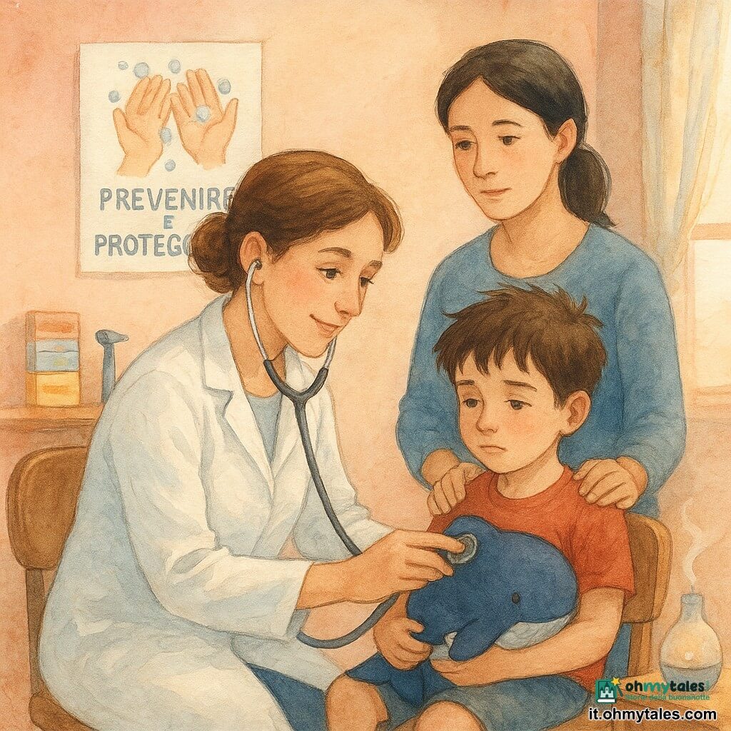 Una dottoressa dal viso dolce e sorridente, capelli castani raccolti in un chignon morbido, occhi attenti e mani delicate, indossa un camice bianco leggero e appoggia lo stetoscopio sul petto di un bambino; Tobia, circa 5 anni, capelli castani arruffati, tiene stretta una peluche-aquila balena blu scuro seduto su una sedia per bambini vicino alla scrivania, un po' stanco ma coraggioso; la madre di circa 30 anni, capelli neri raccolti, sta dietro con la mano sulla spalla, rassicurante; sul muro un poster colorato mostra mani che si lavano e la frase "Prevenire è proteggere", un ripiano con scatole di cerotti colorati e un otoscopio, la stanza è un piccolo ambulatorio accogliente dai muri salmone, finestra con tenda che lascia entrare luce morbida e polverosa e un diffusore profumato sul tavolo; scena principale: la dottoressa ascolta il cuore del bambino con lo stetoscopio, peluche visibile, madre sullo sfondo, poster leggibile; stile acquerello tenue, contorni leggeri, palette di blu, rosa e ocra, texture granulose e lavaggi luminosi.