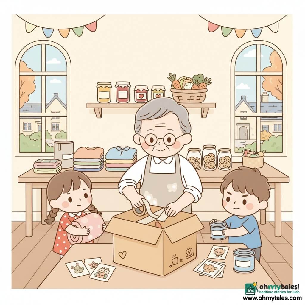 A smiling but focused man, Mr. Henry, with soft gray hair, round glasses and a flour-stained beige apron, leans kindly as he seals a large cardboard box with tape; to the left, Lily, about 8, with brown pigtails and a red polka-dot dress holds a rolled blanket, eyes hopeful; to the right, Sam, about 9, in a blue T-shirt with short messy hair places a small can on top, looking determined; background: a wooden table with stacked clothes, illustrated cards and cookies in jars, a shelf of jam jars and a basket of vegetables; setting: a bright village community room with cream walls, pastel paper garlands and large windows showing stone houses and autumn trees; scene: a warm, caring group preparing a relief parcel for soldiers, centered composition on the sealed box, clean-line pastel style, minimal shadows and clear facial expressions.