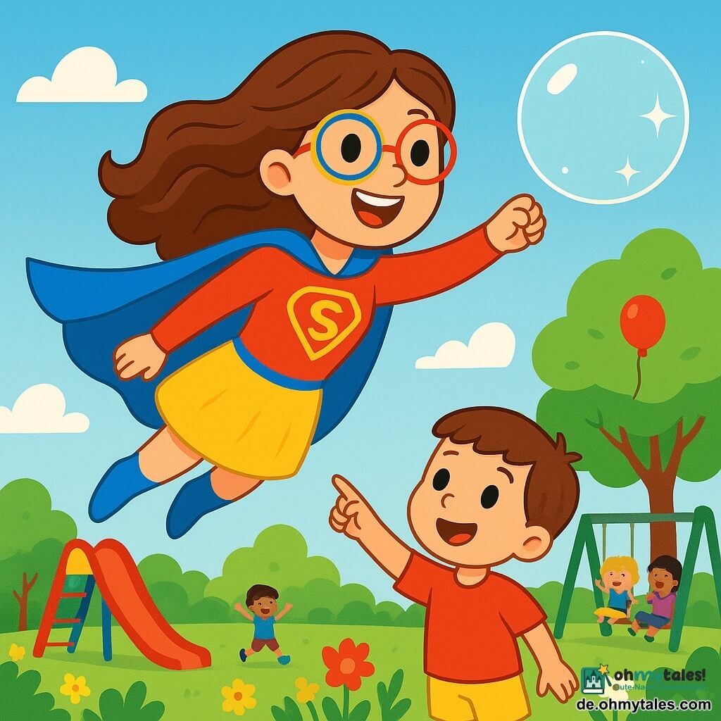 Eine Superheldin, Super-Mama, fliegt am blauen Himmel mit einem großen, fröhlichen Lächeln auf ihrem Gesicht. Sie trägt einen leuchtend blauen Umhang, der hinter ihr weht, und bunte, runde Brillen. Ihre langen, welligen Haare glänzen in der Sonne. Neben ihr schaut ein etwa 6-jähriger Junge mit braunen Haaren und funkelnden Augen bewundernd zu. Er trägt ein rotes T-Shirt und eine gelbe Shorts und zeigt mit dem Finger auf Super-Mama. Darunter ein lebendiger Park mit üppig grünen Bäumen, strahlenden Blumen und einer großen roten Rutsche. Kinder spielen und lachen auf den Schaukeln. Super-Mama nutzt ihre Magie, um eine große, glitzernde Blase zu erschaffen, die zu einem kleinen Ballon schwebt, der in einem Baum feststeckt. Die Kinder beobachten sie mit staunenden Augen, gespannt darauf, was passieren wird.