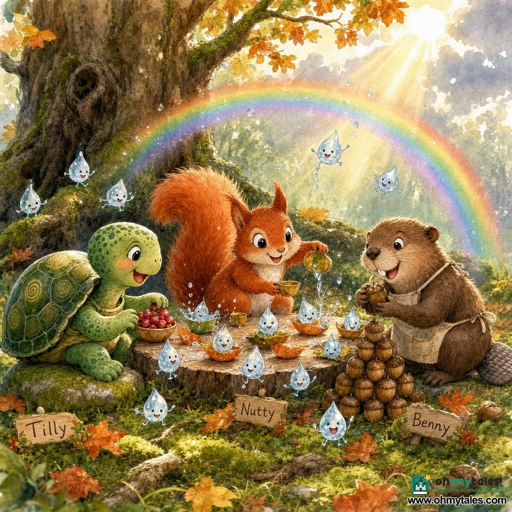 A red squirrel named Nutty with a round face, wide bright eyes and a bushy plume tail, grinning and crouched at the center by a low bark table, holds a tiny leaf cup and pours imaginary "tea"; a speckled green turtle, Tilly, with a shiny spiraled shell and a gentle laughing expression arranges red berries in a bowl while seated left on a mossy stone; a brown beaver called Benny with a textured flat tail and a small canvas apron looks proud and busy stacking acorns in a pyramid to the right; tiny anthropomorphic raindrops like translucent beads with joyful eyes dance and bounce around the table, some splashing into leaf cups; a golden sunbeam breaks a soft gray cloud, making a thin shimmering rainbow over the scene and turning each droplet into a sparkle; the setting is a great ancient oak with gnarled roots, emerald moss, orange leaves and hanging acorn lanterns, painted in a pastel watercolor palette with bright touches — a whimsical, comic tea party where rain and sun meet.