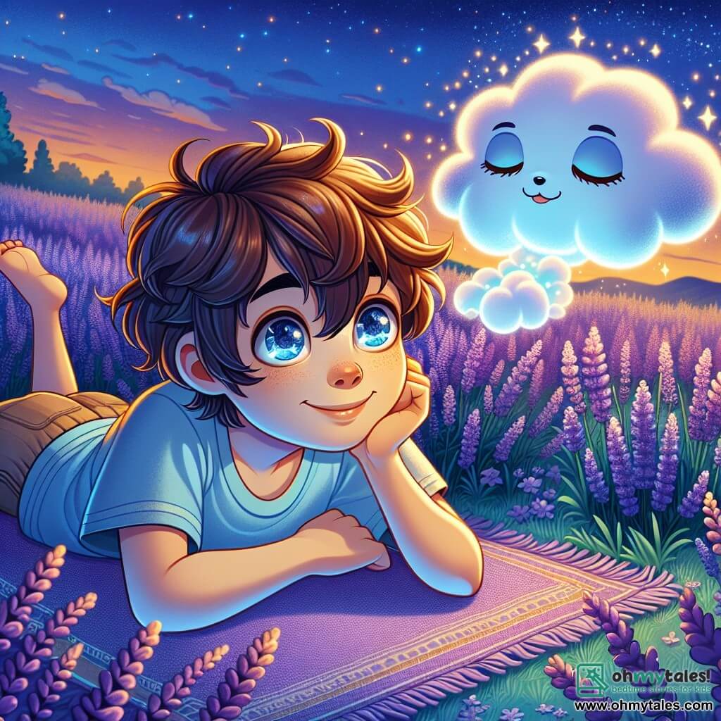 A 10-year-old boy with messy brown hair and sparkling curious eyes is lying on a lavender carpet, a serene smile on his face. He wears a light blue t-shirt and beige shorts, his arms stretched out on the ground, enjoying the softness of the grass. Next to him, a soft, fluffy cloud named Nimbus floats peacefully, glowing with a bluish light and friendly eyes, as if whispering soothing words. The setting is a vast lavender field, where purple flowers stretch as far as the eye can see under a twilight sky dotted with twinkling stars. The scene is bathed in soft, golden light, creating an atmosphere of calm and serenity. In this main situation, the boy takes deep breaths, letting the scents of lavender envelop him, while the cloud Nimbus whispers sweet words to help him fall asleep peacefully.