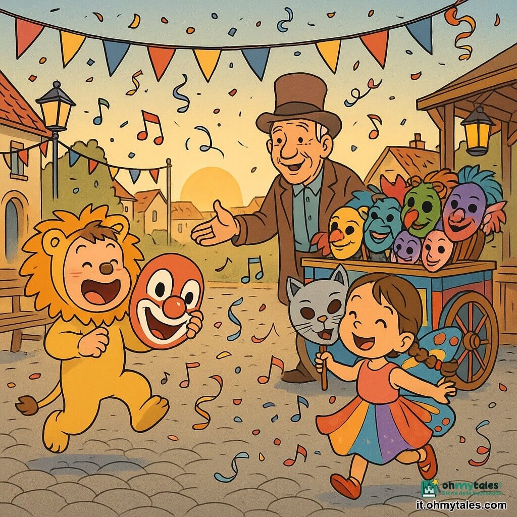 Tre personaggi: Marco, bimbo di 3 anni con capelli castani corti e costume da leone giallo con criniera in feltro e grande maschera da pagliaccio rossa, a sinistra che salta e ride; Lucia, bambina di 3 anni con capelli lunghi intrecciati e vestito da farfalla con ali multicolori lucenti, a destra che volteggia tenendo una maschera da gatto argentata; un vecchio mercante di circa 70 anni dal volto rugoso e sorridente con cilindro marrone, al centro-retro con un piccolo carretto di legno dipinto pieno di maschere colorate che porge una mano accogliente. Ambientazione: piazza del villaggio lastricata in pietre rotonde, decorata con festoni rossi, gialli e blu, bancali e botteghe di legno con lanterne, confetti e coriandoli nell'aria al tramonto dorato. Situazione: i due bambini danzano gioiosi davanti al carretto del mercante, musica visibile con note colorate che si alzano, movimenti di gonna e criniera, risate ed esplosione di maschere e coriandoli che vorticano intorno a loro.