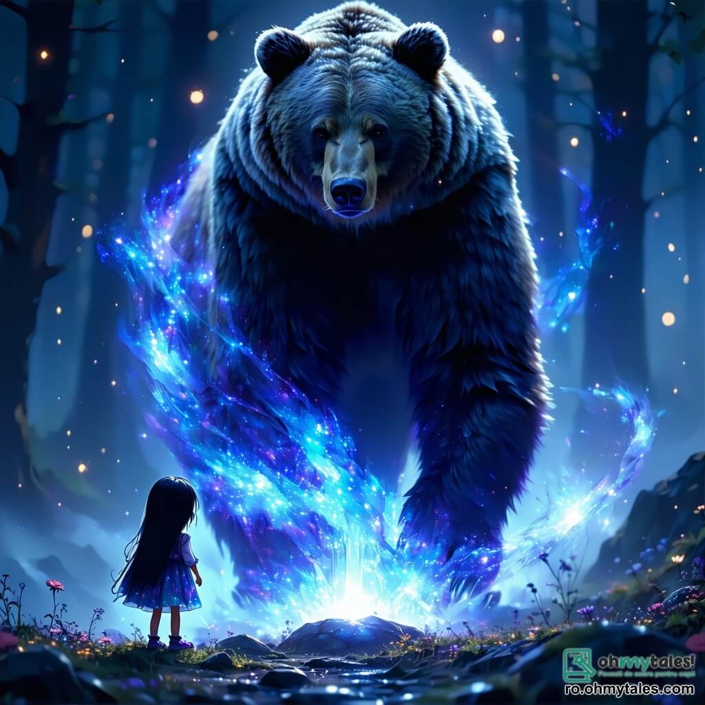 Un urs majestuos, Zarek, cu blană neagră și reflexii argintii, stă în centrul imaginii, cu ochii strălucind de uimire și determinare. El privește o sferă luminoasă albastră care plutește în fața lui, emanând străluciri de lumină blândă. La dreapta sa, o siluetă delicată a unei fetițe cu părul lung și negru, îmbrăcată într-o rochie din țesătură strălucitoare, exprimă frică și speranță. Ea întinde mâna spre Zarek, căutând confort, în timp ce un dragon robotic, cu solzi metalici și ochi verzi luminoși, se ridică în fundal, observând scena cu curiozitate. Decorul este un tunel subteran, cu pereți strălucind de praf de stele și cabluri electrice, unde umbrele dansează în jurul lor, creând o atmosferă magică și misterioasă. Situația principală arată cum Zarek și fetița se confruntă cu sfera luminoasă, simbolizând conexiunea lor și căutarea speranței într-o lume de magie și tehnologie.