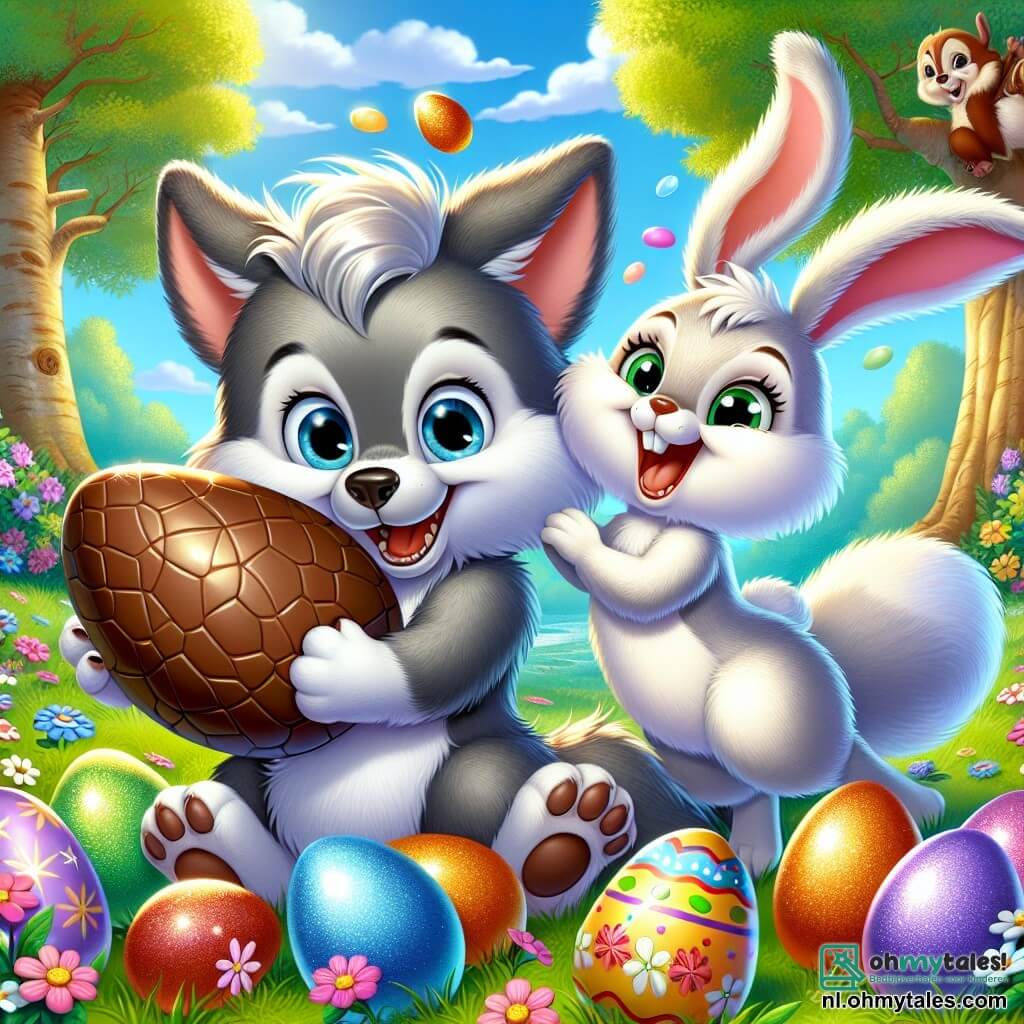 Een kleine wolf genaamd Woezel, met een zachte grijze vacht en grote glanzende ogen, glimlacht vrolijk terwijl hij een enorm chocolade-ei vasthoudt. Naast hem springt een blije konijn genaamd Kiki, met lange oren en een stralende witte vacht, van opwinding terwijl ze een glinsterend blauw ei laat zien dat ze heeft gevonden. Een nieuwsgierige eland, Sammy het eekhoorntje, leunt naar voren om de kleurrijke eieren rondom hen te bewonderen. De scène speelt zich af in een zonnige open plek, omringd door groene bomen, waar kleurrijke bloemen bloeien onder een stralende blauwe lucht. Multicolore paaseieren liggen verspreid over het gras, wat een feestelijk en vrolijk tafereel creëert. Woezel en zijn vrienden vieren de magie van Pasen, terwijl ze lachen en lekkernijen delen in een sfeer vol geluk en vriendschap.