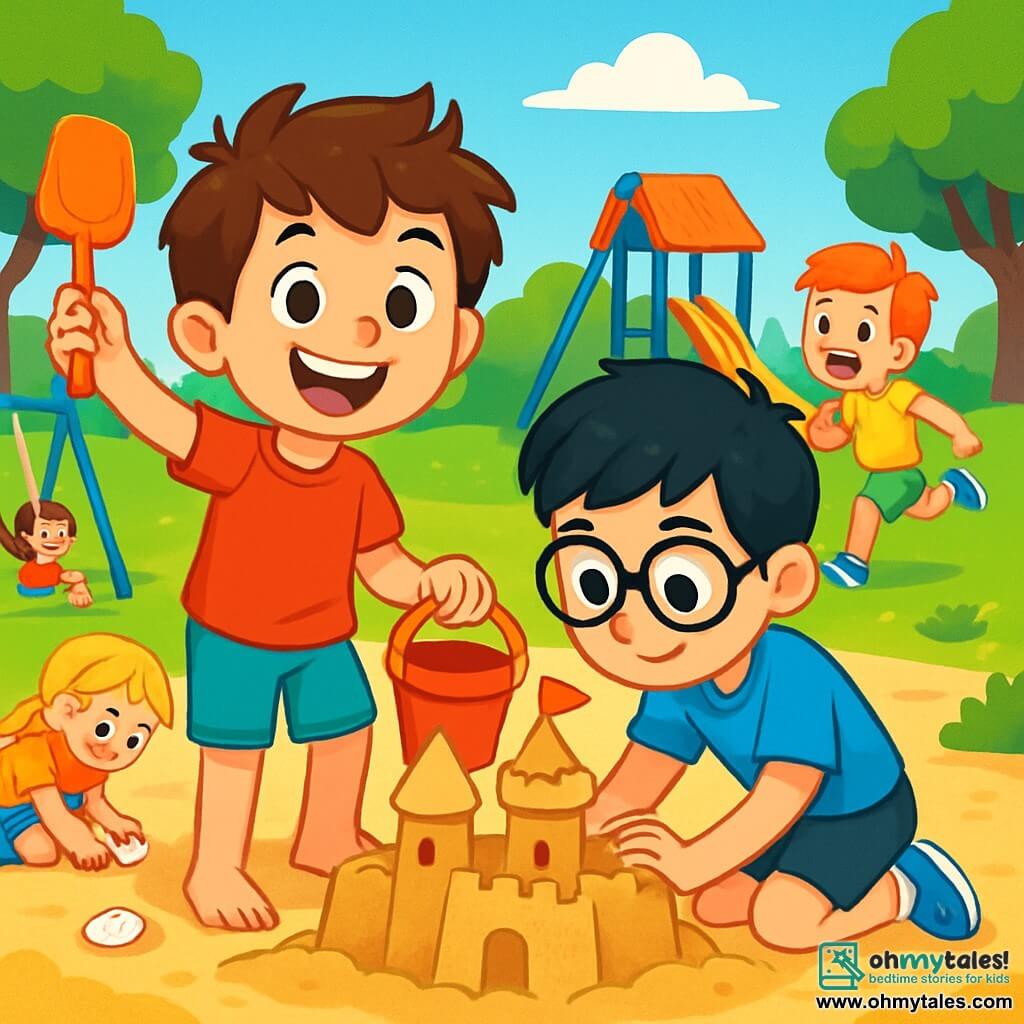 An 8-year-old boy, Timmy, with messy brown hair and sparkling eyes, smiles widely while holding a shovel in one hand and a bucket in the other, building a sandcastle. Next to him is Alex, a 7-year-old boy with black hair and glasses, wearing a blue t-shirt and shorts, helping him shape the sand with focus. In the background, Lily, an 8-year-old girl with braided blonde hair, is collecting seashells, and Sam, an 8-year-old boy with red hair, is running around them, laughing. The scene takes place in a sunny park with lush trees, a bright blue sky, and children joyfully playing on swings and slides. In the center, Timmy and Alex are engrossed in their activity, creating a beautiful sandcastle with towers and a moat, symbolizing their budding friendship and collaboration.