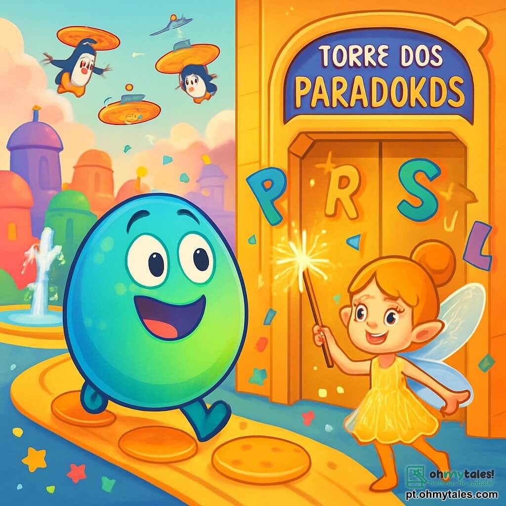 Zog, um ovo redondo e colorido com uma superfície que muda de azul brilhante para verde-limão, está no centro da imagem, exibindo uma expressão de curiosidade maravilhada. Ele rola alegremente em uma estrada de panquecas flutuantes, cercado por confetes de estrelas cintilantes. Ao seu lado está Lilu, uma pequena fada engenheira com asas translúcidas e cintilantes, vestindo um vestido feito de fios de luz. Ela sorri entusiasticamente, segurando uma varinha luminosa que emite faíscas, pronta para ajudá-lo em sua busca. O cenário é Proutópolis, uma cidade fantástica com edifícios de gelatina colorida sob um céu vibrante de cores pastel. Drones-pinguins voam ao redor, entregando pizzas de polenta, enquanto uma fonte de refrigerante espumante jorra no meio da praça. A cena principal mostra Zog e Lilu diante da porta de um imenso elevador dourado, prontos para entrar na misteriosa Torre dos Paradoxos, onde letras dançam e riem ao redor deles, criando uma atmosfera mágica e lúdica.