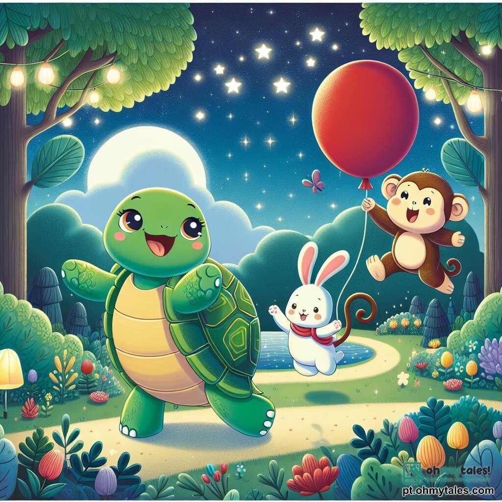 Uma tartaruga chamada Tati, com uma carapaça verde e olhos brilhantes de curiosidade, dança alegremente segurando um grande balão vermelho acima da cabeça, com um largo sorriso no rosto. Ao lado dela, um coelhinho travesso chamado Rato, com grandes orelhas e pelagem branca, salta de alegria aplaudindo, enquanto um macaco brincalhão chamado Mimi, com pelagem marrom e um rosto sorridente, balança de um galho a outro, observando a cena com diversão. A cena acontece em um parque noturno, sob um céu estrelado, com árvores verdes e flores coloridas iluminadas pela suave luz da lua. Ao longe, vê-se um caminho sinuoso ladeado de lanternas cintilantes. Nesta ilustração, Tati e seus amigos celebram juntos, dançando e se divertindo ao redor do balão, criando uma atmosfera alegre e festiva, cheia de risos e amizade.
