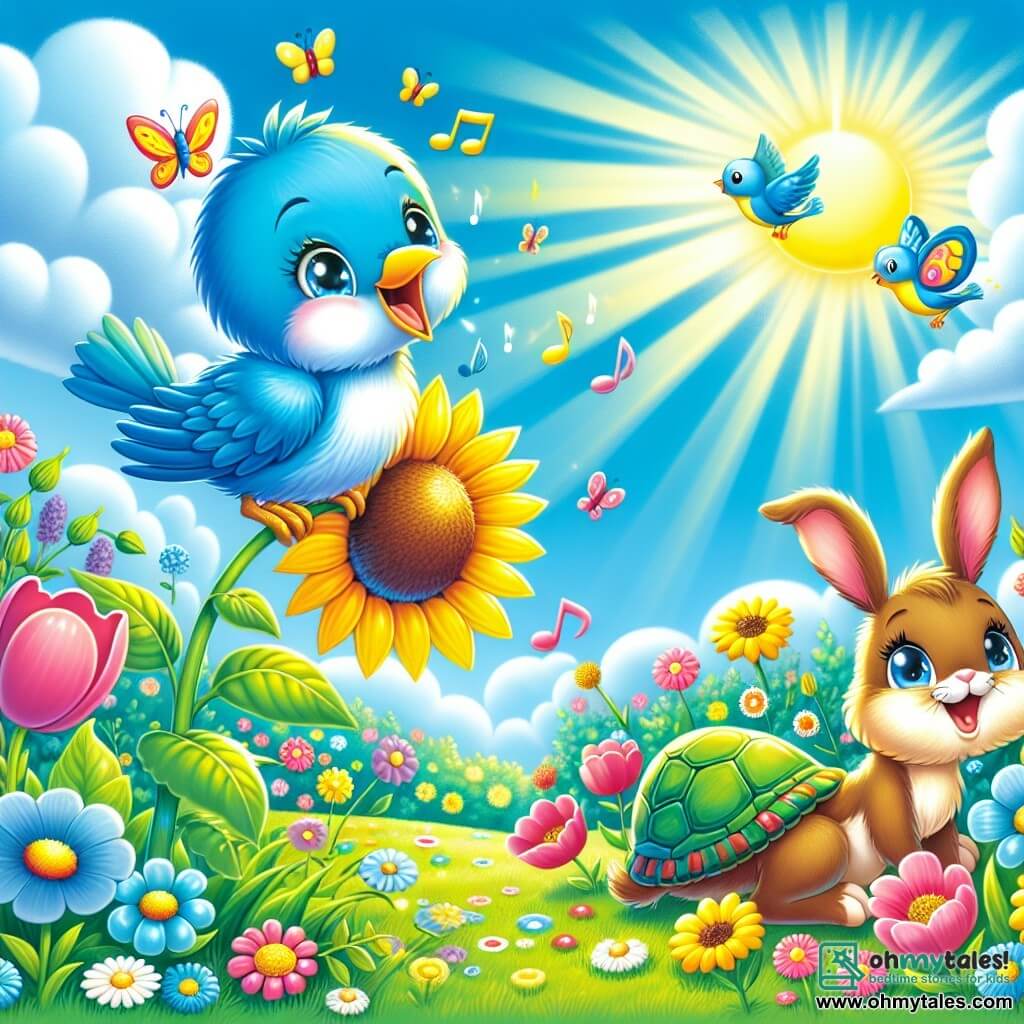 An illustration depicts a small blue bird with bright feathers and shining eyes, expressing great joy. It perches on a sunflower stem, singing enthusiastically under the radiant spring sun. Nearby, a young rabbit with large ears and soft brown fur happily hops in the green grass, its face beaming with happiness. A wise turtle with a colorful patterned shell observes the scene with a gentle smile, sitting quietly on a rock. The main setting is a vibrant field filled with bright flowers like tulips, daisies, and poppies, under a clear blue sky dotted with fluffy white clouds. Sun rays illuminate the landscape, creating a magical and joyful atmosphere. The main situation shows the bird singing joyfully, celebrating spring's arrival, while the rabbit plays among the flowers and the turtle shares wisdom about nature's beauty. Additional graphic elements include colorful butterflies flying around the flowers, buzzing bees, and a delicate rainbow appearing in the sky, adding a touch of magic to this spring scene.