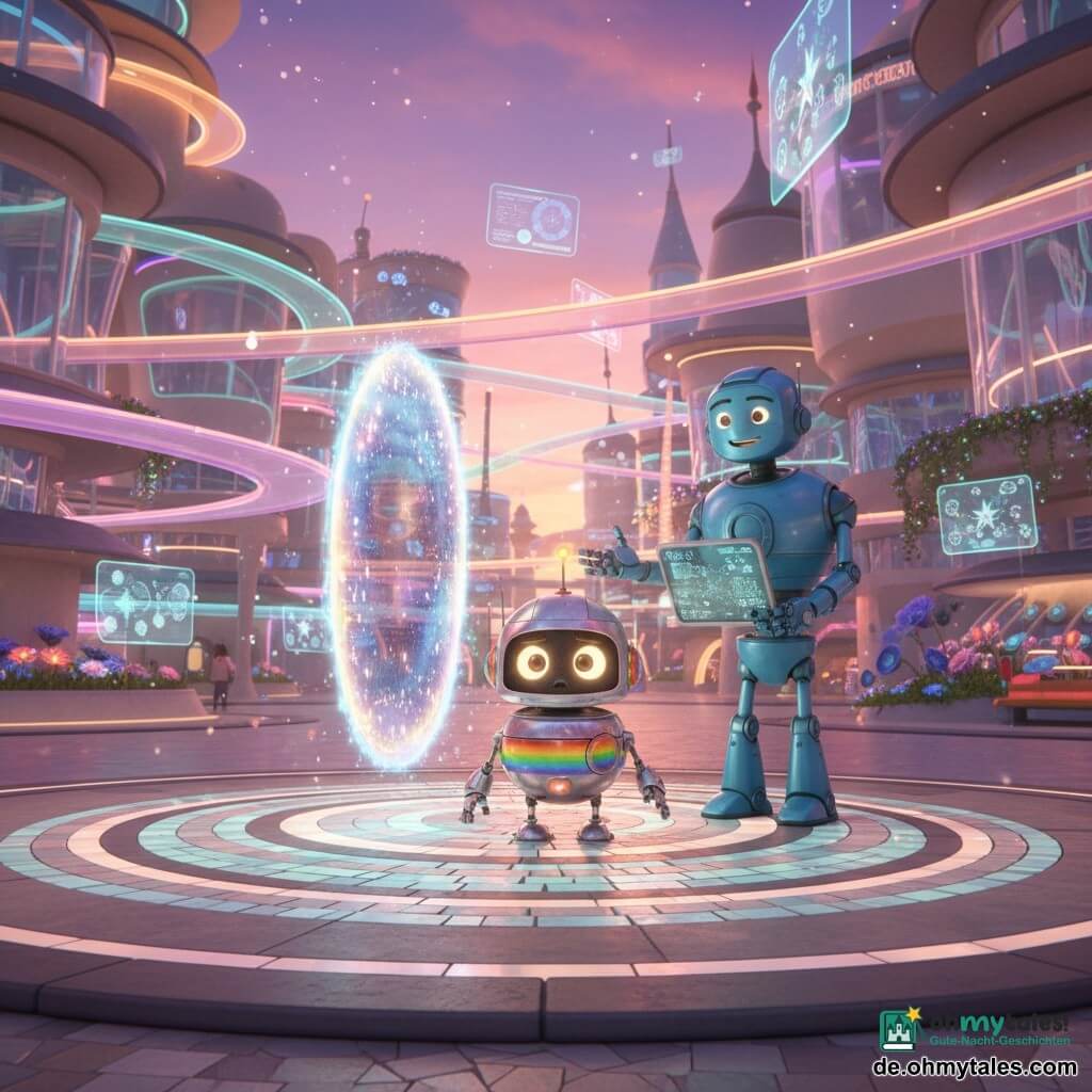 Kleiner runder Roboter (Hauptfigur), polierter silberner Metallkörper mit Regenbogenakzenten, große glühende birnenförmige Augen und erstaunt-neugieriger Ausdruck; er rollt sanft auf ein schimmerndes, spiegelartig schwebendes Portal zu, eine klappbare Antenne auf dem Kopf leuchtet. Ein größerer Roboterfreund (Nebenfigur), sanfte humanoide Silhouette aus mattblauem Metall mit warmem LED-Lächeln, hält einen kleinen schwebenden Bildschirm und steht direkt hinter dem kleinen Roboter, gestikulierend als würde er den Weg erklären. Umgebung: futuristische Stadt mit schwebenden Straßen als transluzente, mehrfarbige Bänder, gebogenen Glasbauten mit pastellfarbenen Neons, schwimmenden Gärten voller leuchtender Blumen und holografischen Bildschirmen, die Muster und Sterne projizieren; sanftes Licht und dämmriger Himmel in Violett- und Koralltönen. Hauptsituation: magische Entdeckung — der kleine Roboter entdeckt das leuchtende Portal in der Mitte eines kreisrunden Platzes mit leuchtenden Bodenplatten, die Luft ist voller funkelnder Partikel; zentrierte Komposition, kräftige Farben, weicher Kontrast, einladende, neugierige Stimmung.