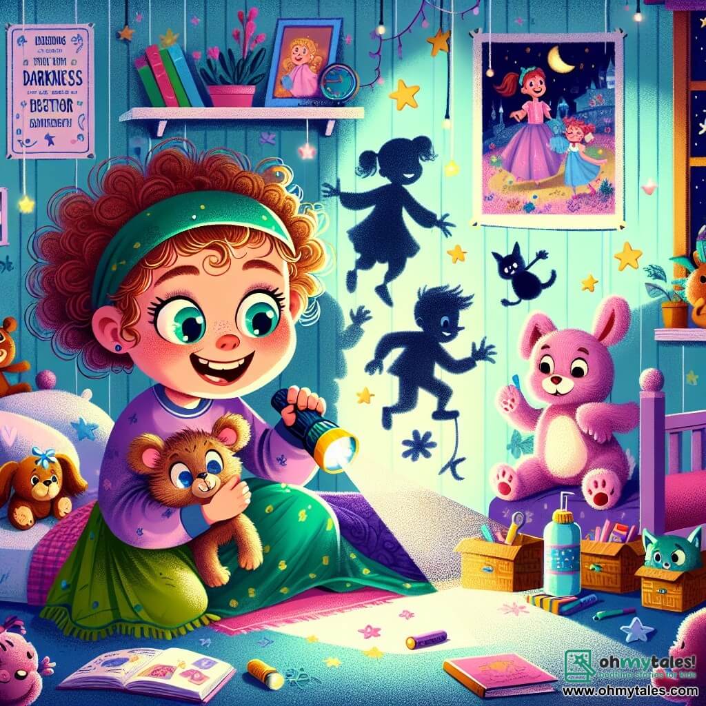 An 8-year-old girl named Lily, with big bright eyes and curly hair, is lying in her bed surrounded by stuffed animals. She has a brave smile on her face, holding a small flashlight that casts funny shadows on the walls of her room. Next to her, her loyal companion, a stuffed rabbit named Mr. Fluff, is nestled in her arms, curiously watching the dancing shadows. Lily's room is decorated in pastel colors, with fairy tale posters on the walls and glowing stars stuck to the ceiling. A fluffy rug is spread on the floor, and colorful books are scattered around her. The main scene shows Lily, full of determination, exploring the darkness of her room with her flashlight, transforming the shadows into funny creatures, while she laughs and enjoys discovering that darkness can be a joyful adventure.