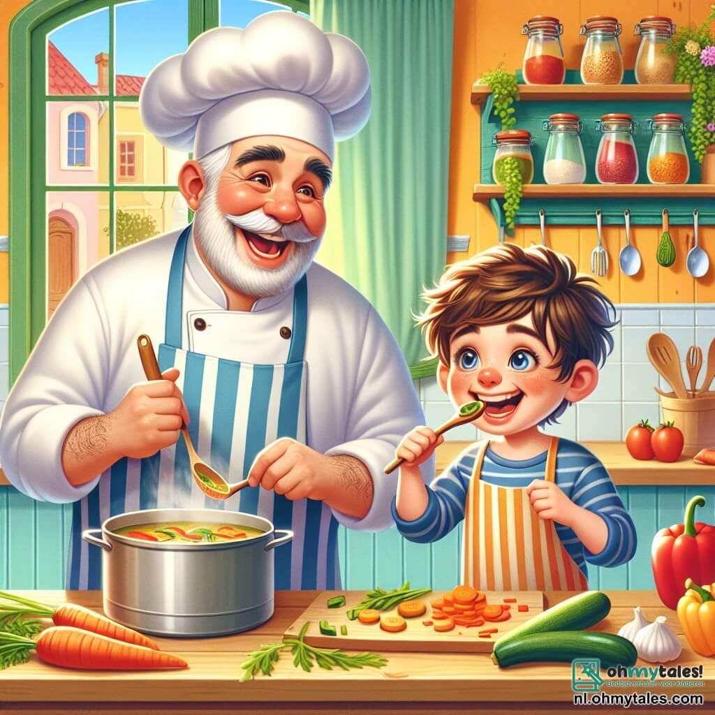 Chef Bas, een joviale man van ongeveer vijftig jaar, draagt een grote witte koksmuts en een kleurr apron. Zijn gezicht straalt van geluk, met roze wangen en een brede glimlach. Hij snijdt verse groenten op een houten snijplank, omringd door oranje wortelen, rode paprika's en groene courgettes. Naast hem staat Sam, een 10-jarig jongetje met rommelig bruin haar en sprankelende ogen, dat een klein schort draagt dat tot aan zijn knieën komt. Hij houdt een houten lepel vast en proeft de soep uit een grote pan, zijn gezicht verlicht door de vreugde om mee te koken. De scène speelt zich af in een heldere en uitnodigende keuken, met pastelgele muren, planken vol kleurrijke specerijpotten en een groot raam dat zonlicht binnenlaat. Verse kruiden hangen aan het plafond en een zachte geur van gekookte groenten zweeft in de lucht. De hoofdactie toont Chef Bas en Sam die samen lachen en tips delen terwijl ze een grote maaltijd voor het festival bereiden, wat de geest van kameraadschap en de vreugde van samen koken illustreert.