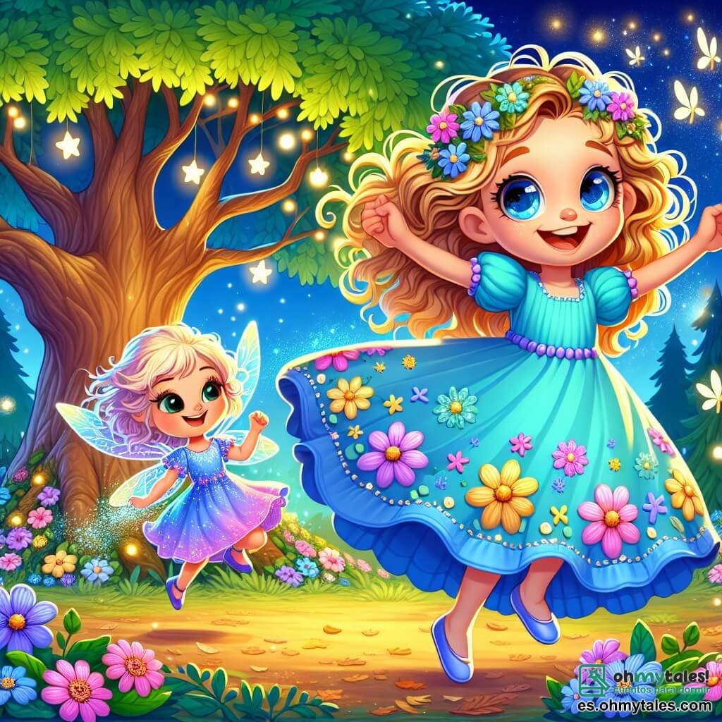 Una niña, Sofía, de unos 8 años, con cabello rizado y dorado, lleva un vestido de algodón azul claro adornado con flores coloridas. Tiene ojos brillantes de curiosidad y una sonrisa radiante que expresa una alegría contagiosa. Sofía baila alegremente alrededor de un gran roble con hojas verdes brillantes, con los brazos levantados hacia el cielo. A su lado, el hada Lila, una pequeña hada de unos 15 centímetros, viste pétalos morados brillantes. Flota en el aire, sus alas translúcidas brillan como gotas de rocío al sol, y sonríe con amabilidad, sosteniendo un poco de polvo de estrellas en su mano. El escenario es un claro de luna mágico, con luciérnagas iluminando el camino y flores coloridas floreciendo alrededor del majestuoso roble. El suelo está cubierto de hojas doradas, creando una alfombra natural. La escena principal muestra a Sofía bailando con entusiasmo, mientras Lila, el hada, le otorga su don mágico, rodeadas de una atmósfera mágica y luminosa, llena de misterio y alegría.