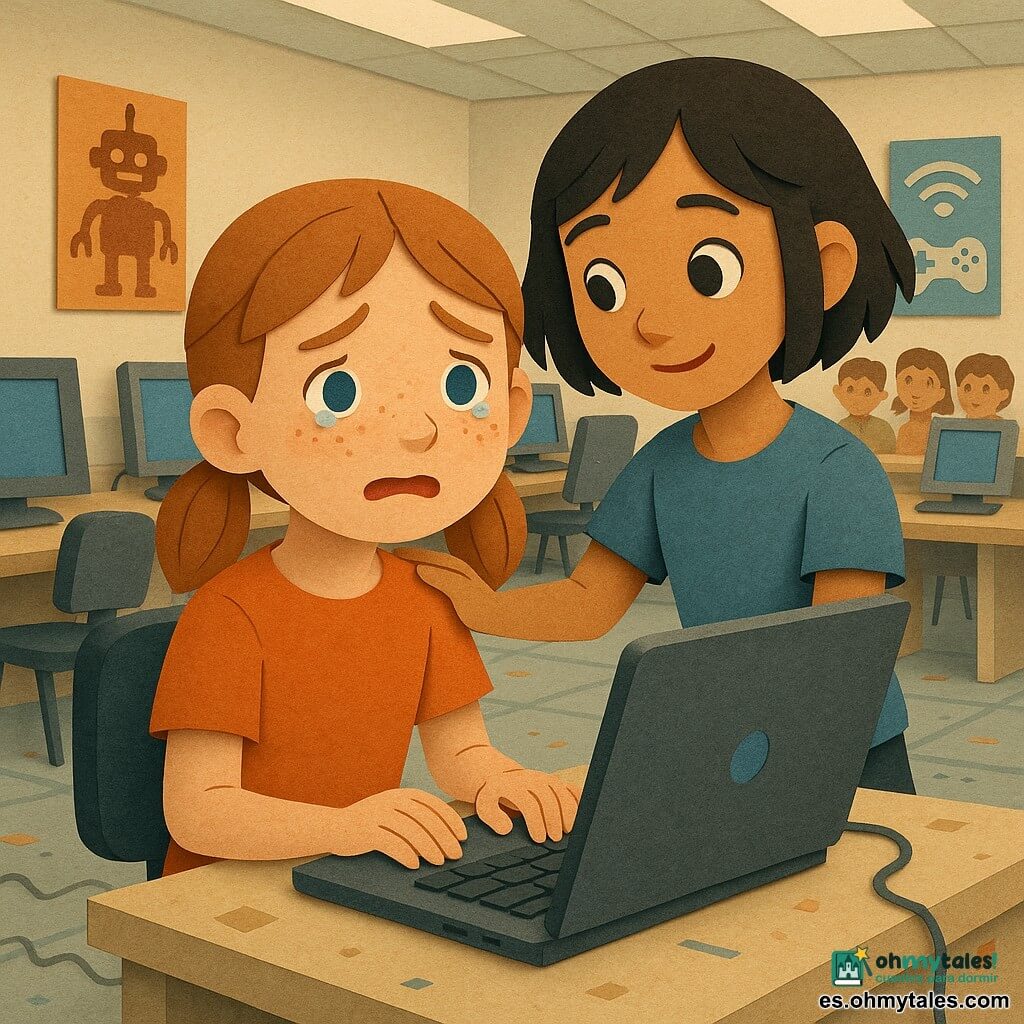 Una niña de 10 años, Clara, rostro redondo, pecas, pelo castaño claro en coletas, expresión avergonzada pero aliviada (ojos húmedos, labio tembloroso), sentada frente a un portátil con las manos sobre el teclado como explicando; una niña de ~9 años, Ana, pelo negro corto, sonrisa suave y ojos curiosos, de pie junto a Clara con la mano en su hombro y ligeramente inclinada hacia ella; un grupo de tres niños difuminados al fondo mirando la escena; sala de informática con mesas claras, ordenadores grises con pantallas azules, luz fluorescente suave, pósters de robots en las paredes, restos de pegatinas y cables en el suelo; situación: Clara confiesa que nunca jugó al juego —momento tierno y de verdad, ambiente de confianza naciente, gestos de empatía, visuales simples y contrastados (formas recortadas, sombras nítidas, colores cálidos en los personajes y fríos en las pantallas).
