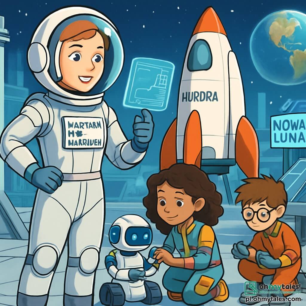 Astronautka, kapitan Nina Kamińska, dumnie stoi przed swoim statkiem kosmicznym "Aurora". Ma na sobie srebrny skafander, z przezroczystym hełmem, który odsłania jej uśmiechniętą i zdeterminowaną twarz. Jej oczy błyszczą z ekscytacji i oczekiwania, podczas gdy konsultuje unoszący się przed nią ekran holograficzny. Obok niej Zosia, 11-letnia dziewczynka z kręconymi brązowymi włosami, pochyla się nad małym robotem, który starannie programuje. Ma na sobie lekką, kolorową kombinezon z wieloma kieszeniami na narzędzia. Nieco dalej Tomek, 12-letni chłopiec w okularach z rozwichrzonymi włosami, bada części statku, jego ręce są brudne od smaru, skoncentrowany na zadaniu. Tło to platforma startowa bazy Nova Luna, z futurystycznymi, błyszczącymi metalowymi strukturami, lśniącymi panelami słonecznymi pod słońcem i gwiaździstym niebem, na którym widać niebieską Ziemię. Główna sytuacja pokazuje Ninę i jej zespół przygotowujących się do pierwszej międzygalaktycznej misji, pełnych ekscytacji i ciekawości, gotowych do odkrywania tajemnic wszechświata.