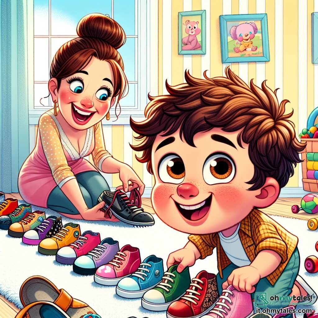 Un ragazzo di 4 anni, Matteo, con i capelli castani disordinati e gli occhi pieni di curiosità, sta mettendo in ordine una divertente fila di scarpe colorate. Sorride ampiamente, le sue guance rosa tradiscono il suo entusiasmo. Accanto a lui, sua madre, una donna di circa 30 anni con i capelli castani raccolti in un chignon, ride tenendo un paio di scarpe. È leggermente piegata in avanti, incoraggiando il figlio con uno sguardo complice. La scena si svolge in un soggiorno luminoso, con un grande tappeto morbido e pareti dipinte di giallo pastello. I giocattoli sono sparsi intorno, e una finestra lascia entrare la luce del sole, creando un'atmosfera gioiosa e calorosa. Matteo cerca di sistemare tutte le scarpe in fila dritta, ma le scarpe sembrano divertirsi a oscillare e a disordinarsi, creando una situazione esilarante e vivace.