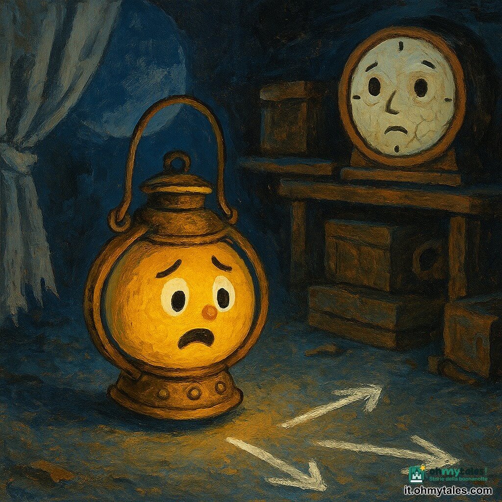 Una piccola lanterna rotonda in ottone (personaggio principale) rotola sulla sua base lucida con fiamma vacillante e volto luminoso che esprime paura coraggiosa; ha rivetti, un manico storto e fuliggine sul beccuccio e illumina dolcemente il pavimento mentre guarda tre frecce di gesso bianco che brillano come polvere lunare e indicano porte oscure. Su uno scaffale una vecchia pendola senza lancette (personaggio secondario), zoppicante e impolverata con quadrante screpolato e sguardo vuoto ma preoccupato, emette un piccolo ticchettio silenzioso e inclina leggermente la testa verso la lanterna. A sinistra una treccia di tendaggio grigio sfilacciata e impolverata (personaggio secondario) fluttua come una mano che si apre verso la lanterna. Il tutto in un vecchio deposito di oggetti dimenticati con scaffali di legno, casse impilate, lamiera arrugginita, polvere sospesa e raggi di luna che filtrano da un lucernario sporco; scena notturna centrale con la lanterna esitante al crocevia di tre sentieri segnati a gesso, atmosfera leggermente minacciosa ma magica con forti contrasti di ombre e bagliori caldi.