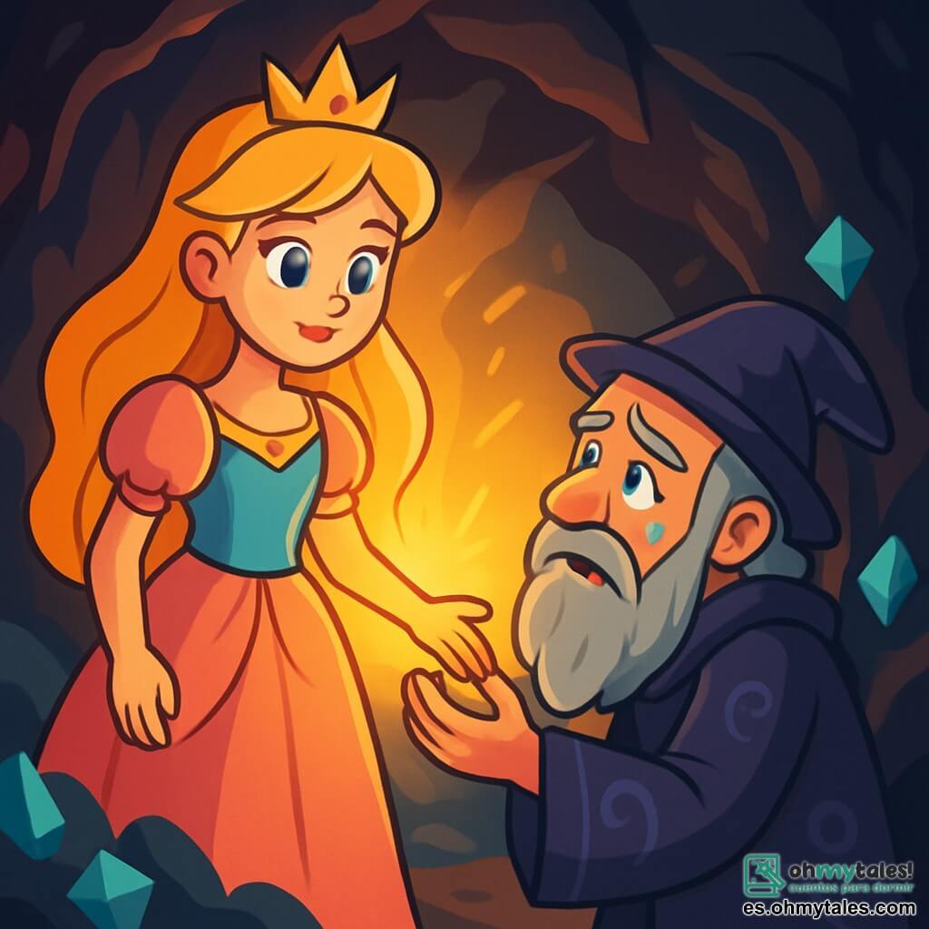 Una princesa, Elara, de unos 16 años, se encuentra orgullosamente en el centro de la escena. Tiene largos cabellos dorados que brillan como rayos de sol y ojos azules llenos de determinación. Su rostro expresa profunda compasión mientras extiende la mano hacia un antiguo hechicero, Moros. Moros, un hombre de unos 50 años, tiene una larga barba gris y ropa oscura adornada con patrones misteriosos. Está de rodillas, con los ojos llenos de lágrimas, mirando a la princesa con una expresión de arrepentimiento y esperanza. La escena se desarrolla en una cueva oscura, donde sombras bailan en las paredes, pero una luz dorada emana de la princesa, iluminando el rostro de Moros. Cristales brillantes están incrustados en las paredes de la cueva, creando una atmósfera mágica y encantadora. Elara, llena de coraje, extiende la mano para ofrecer redención a Moros, mientras la luz de su corazón disipa las tinieblas circundantes.