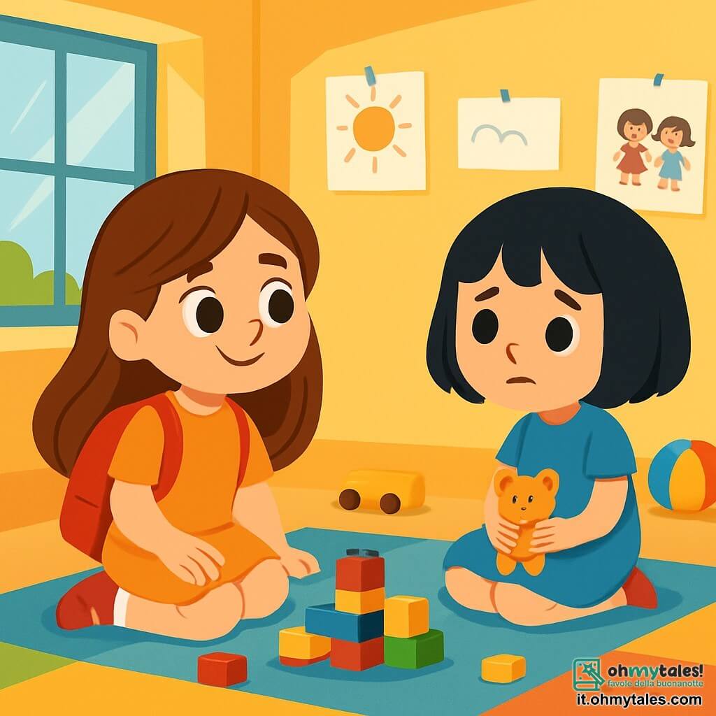 Una bambina di 4 anni, Martina, con lunghi capelli castani e occhi scintillanti, indossa uno zainetto rosso. Ha un sorriso caloroso, ma i suoi occhi mostrano una leggera curiosità e voglia di avvicinarsi. È seduta su un tappeto colorato, circondata da blocchi da costruzione. Accanto a lei, Sara, un'altra bambina di 4 anni, ha i capelli corti e neri e un viso dolce. Indossa un semplice vestitino blu e guarda timidamente gli altri bambini. È seduta un po' in disparte, tenendo un piccolo giocattolo tra le mani. La scena si svolge in un'aula luminosa, con pareti dipinte di giallo e finestre che lasciano entrare la luce del sole. Disegni di bambini decorano le pareti e giocattoli sono sparsi sul pavimento. Martina, incuriosita dalla presenza di Sara, esita a invitarla a giocare, mentre Sara, un po' triste, osserva gli altri bambini divertirsi.
