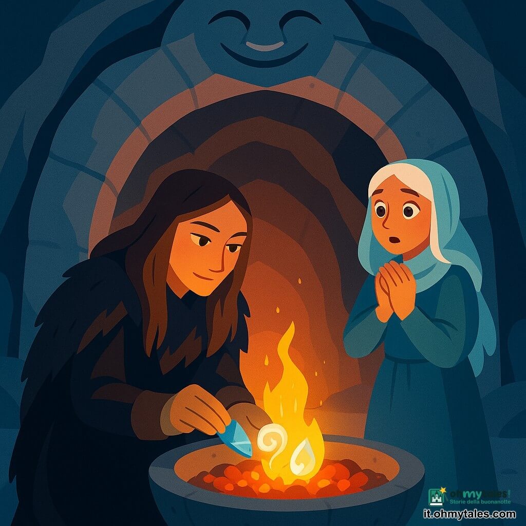 Laima, donna adulta dal volto calmo e deciso, occhi color ambra, alta, indossa un lungo mantello di pelliccia e ha le mani protette da un panno; si inginocchia davanti a un grande braciere di pietra e posa delicatamente tre piccoli oggetti luminosi nelle braci. Eglė, giovane dall'aspetto adolescente con capelli bianchi come neve e una sciarpa traslucida, sta in piedi un passo indietro a destra di Laima, con lo sguardo meravigliato e le mani sul petto. L'interno è una cavità sotto una montagna dal sorriso scolpito: pareti lisce di pietra grigia, pavimento cosparso di cenere chiara, un arco naturale in alto che incornicia l'ingresso; una luce arancione calda crea contrasto con ombre bluastri. La scena principale mostra la nascita del primo fuoco: tre scintille — uno bagliore azzurro di pietra, una spirale di luce pallida e una goccia trasparente con riflesso arancione — si toccano nel braciere formando una piccola fiamma vivida e morbida che emana luce dorata sui volti, atmosfera magica e pacifica.