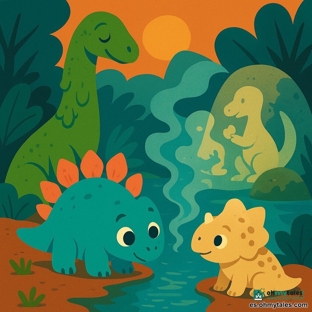 Un pequeño y redondo estegosaurio llamado Lumo, rostro curioso y ojos grandes y brillantes, placas dorsales coral y turquesa ligeramente brillantes, inclina la cabeza hacia el agua escuchando un eco, postura atenta y sonrisa tímida, patas en la orilla fangosa; un viejo braquiosaurio sabio llamado Sora, cuello largo cubierto de musgo verde, ojos suaves y arrugados, sentado al fondo junto a una roca, inclina la cabeza como cantando; un protoceratops juguetón llamado Kiri, pequeño, beige con manchas tierra, junto a Lumo señalando los reflejos con el hocico; lugar: un lago tranquilo rodeado de plantas altas y hojas enormes, rocas con líquenes, agua espejo azul verdosa de la que asciende una bruma luminosa en remolinos y manchas de luz naranja del atardecer; escena: Lumo y sus amigos despiertan una historia olvidada: la bruma forma siluetas suaves de dinosaurios compartiendo frutos y canciones, atmósfera cálida, colores planos y contrastados, composición clara y legible para niños.