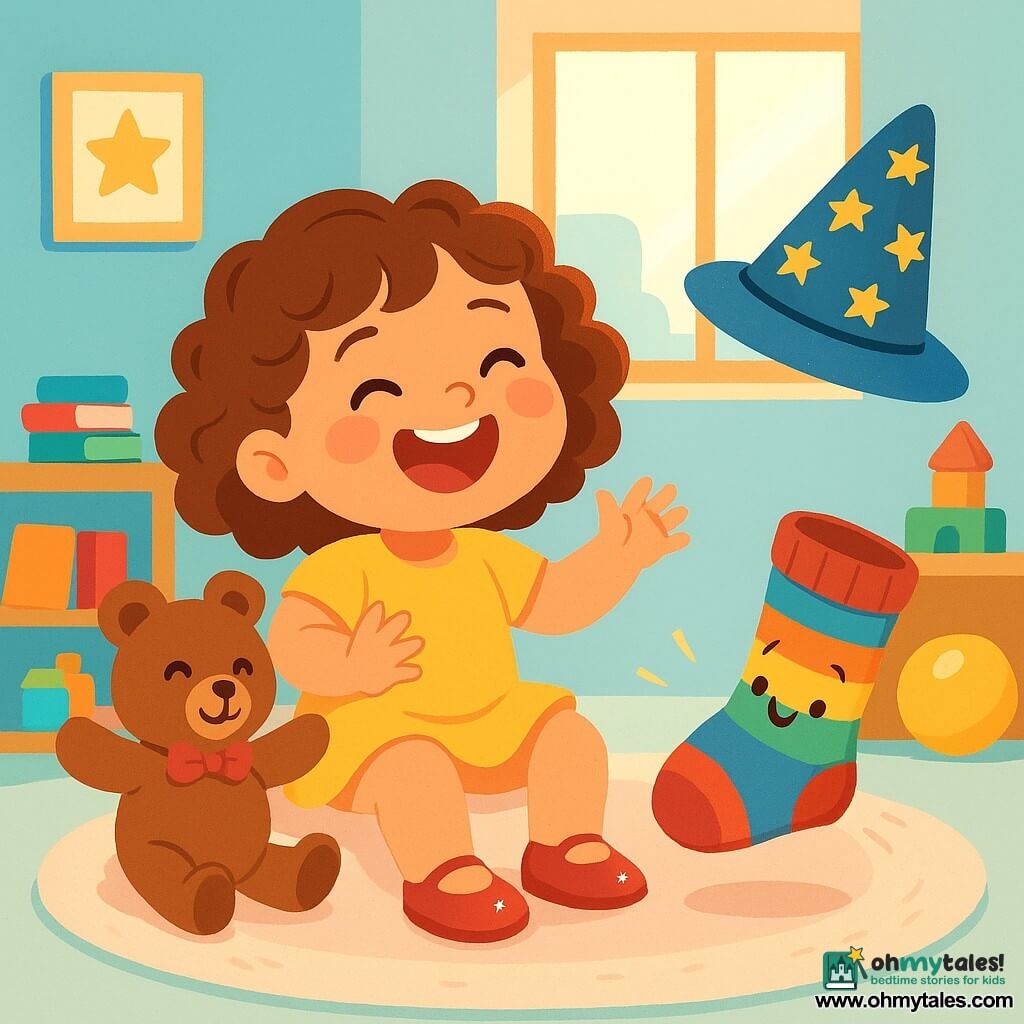 A 2-year-old girl with curly hair and shiny shoes is laughing joyfully, her eyes sparkling with happiness. She is sitting on a fluffy carpet, surrounded by her magical friends. Next to her, a smiling teddy bear with a little red bow around its neck seems ready to dance. A colorful sock with striped patterns hops joyfully beside her. A funny hat with golden stars spins around, adding a touch of magic to the scene. The setting is a bright children's room filled with colorful toys, stacked books, and pastel blue walls. A window lets in sunlight, warming the room gently. The main scene shows the little girl and her friends dancing and having fun together, creating a joyful and playful atmosphere full of laughter and magic.