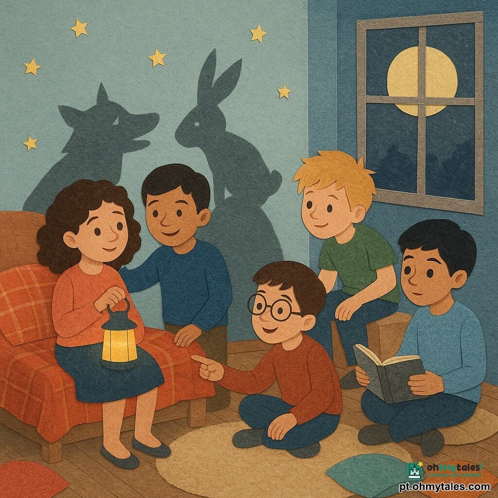 Há 5 personagens: Sofia, uma menina de 9 anos com cabelos castanhos encaracolados e olhos curiosos, está sentada em sua cama, segurando uma lanterna suave nas mãos. Tiago, um menino de 9 anos com cabelos curtos e um sorriso reconfortante, está ao lado de Sofia, com uma mão no ombro dela. Miguel, um menino de 9 anos com cabelos loiros desgrenhados, está agachado perto da janela, olhando as sombras com um ar intrigado. Bruno, um menino de 9 anos com óculos redondos e um ar travesso, aponta uma sombra na parede com um dedo divertido. Lucas, um menino de 9 anos com cabelos pretos e um ar pensativo, segura um pequeno caderno aberto, pronto para anotar uma nova história de sombra. O local é o quarto de Sofia, com paredes azul-pastel decoradas com pequenas estrelas fosforescentes. Uma grande janela deixa entrar a luz da lua, projetando sombras dançantes no chão de madeira. Um tapete macio está estendido no centro do quarto, cercado por almofadas coloridas. A situação principal mostra Sofia e seus amigos transformando sombras assustadoras em figuras amigáveis e divertidas. As crianças riem juntas, inventando histórias para cada sombra, tornando o quarto acolhedor e convidativo apesar da noite.