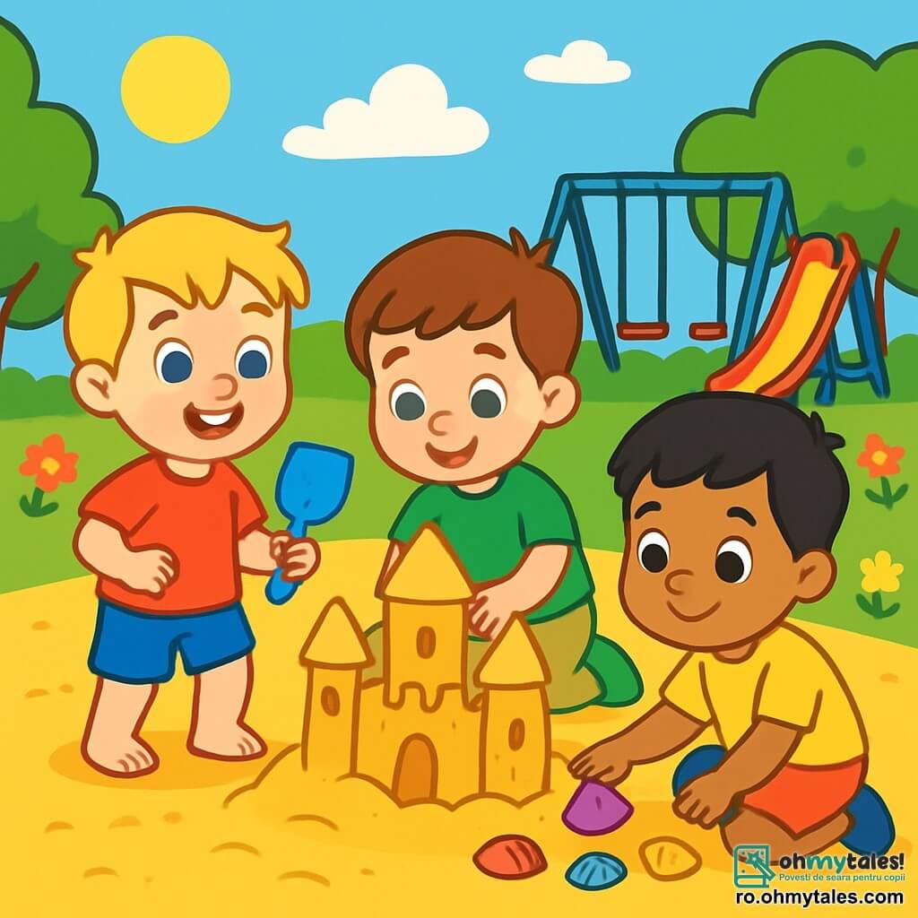 Există 3 personaje: - Matei: un băiat de 3 ani, cu părul blond și ochi albaștri strălucitori. Poartă un tricou roșu și o pereche de pantaloni scurți albaștri și zâmbește vesel ținând o lopată din plastic. - Alex: un băiat de 3 ani, cu părul brunet și ochi verzi. Este îmbrăcat cu un tricou verde și o pereche de pantaloni bej și construiește un castel de nisip lângă Matei. - Amir: un băiat de 3 ani, cu părul negru și ochi căprui închis. Poartă un tricou galben și o pereche de pantaloni scurți portocalii și adună scoici colorate pentru a decora castelul de nisip. Acțiunea are loc într-un parc însorit, cu un teren mare de nisip auriu, copaci verzi și flori colorate. În fundal, se văd leagăne și un tobogan, iar cerul este albastru cu câțiva nori albi pufoși. Cei trei băieți se joacă împreună, construind un mare castel de nisip, râzând și ajutându-se reciproc, ilustrând bucuria prieteniei și toleranței, împărtășind idei și jocuri, în ciuda diferențelor lor.
