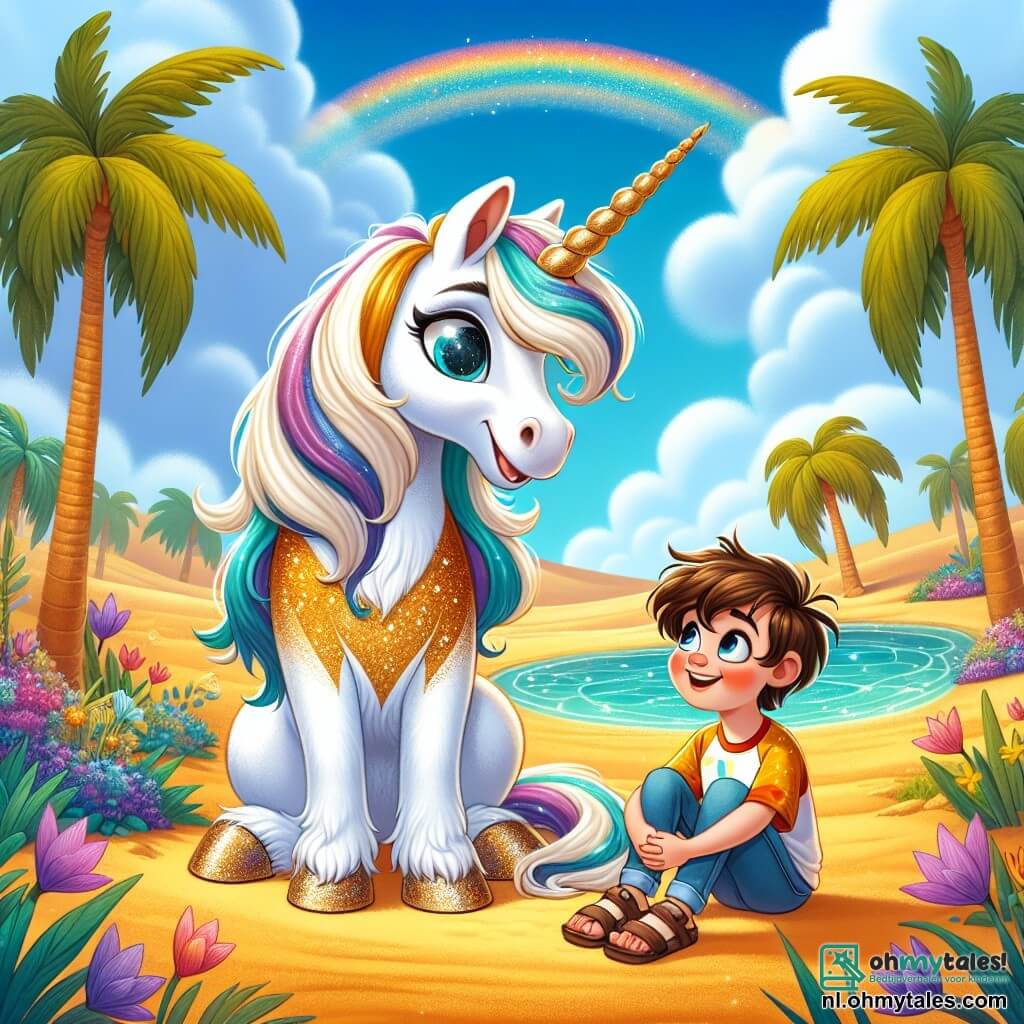 Een prachtige eenhoorn, genaamd Luna, staat majestueus in het midden van de scène. Haar vacht is stralend wit, bezaaid met glinsterende glitters, en haar regenboogachtige manen wapperen zachtjes in de wind. Haar grote, glanzende ogen stralen vreugde en wijsheid uit terwijl ze teder kijkt naar een jonge jongen genaamd Sam, ongeveer 10 jaar oud. Sam, met zijn rommelige bruine haar en stralende glimlach, draagt een kleurrijk t-shirt en versleten sandalen. Hij zit op het gouden zand met zijn handen op zijn knieën, en kijkt verwonderd naar de eenhoorn. De scène speelt zich af in een magische oase in het hart van een uitgestrekte, gouden woestijn. Groene palmbomen omringen een vijver van kristalhelder water, waar kleurrijke bloemen groeien en paarse en gele accenten aan de omgeving toevoegen. De lucht is helderblauw, met enkele donzige witte wolken. In deze illustratie delen Luna en Sam een ontdekmoment terwijl ze samen de schoonheid van de oase bewonderen, klaar om op avontuur te gaan om de Verloren Ster te vinden. De magie van het moment is voelbaar, vol beloftes en dromen om waar te maken.