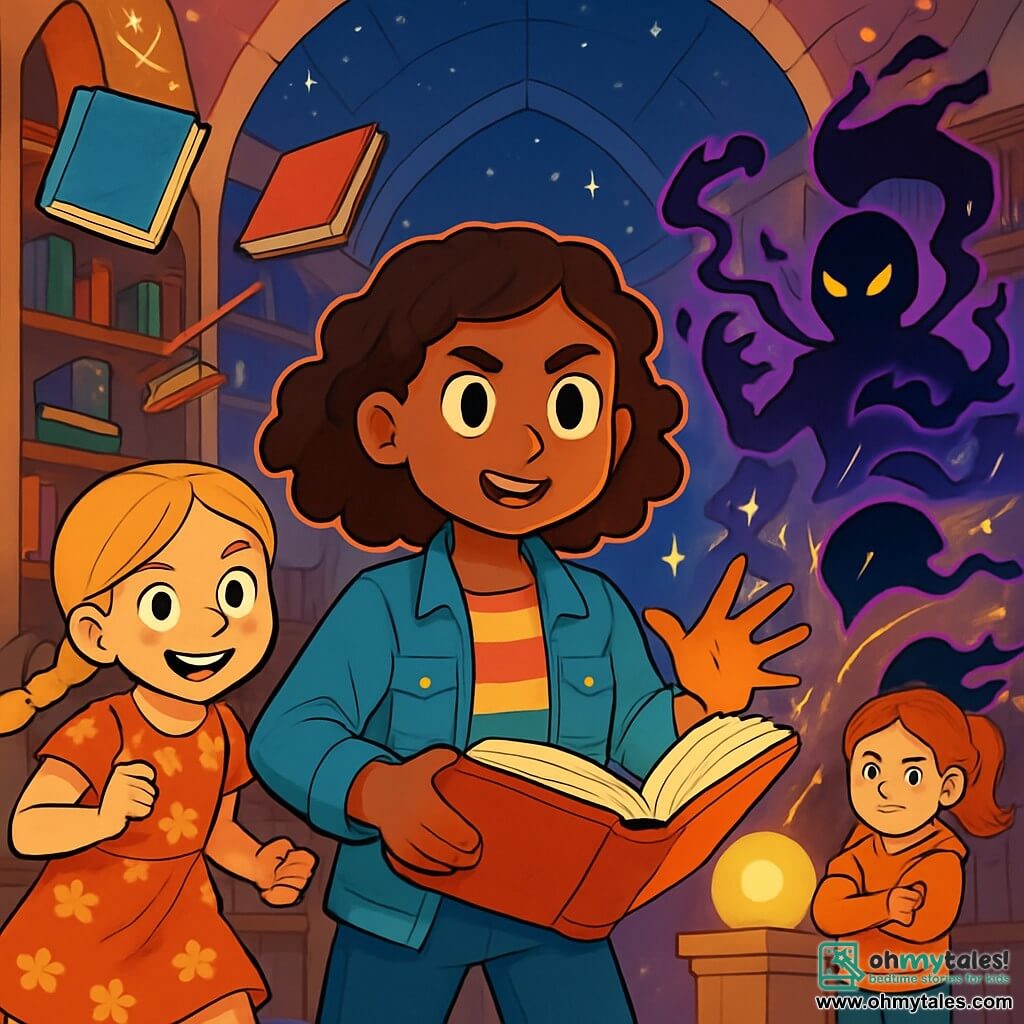 There are three characters: Lena, a 9-year-old girl with curly brown hair, wearing a denim jacket and a colorful t-shirt, standing in the center with determined eyes, holding a floating book in front of her; Maisie, a 9-year-old girl with braided blonde hair, dressed in a floral-patterned dress, slightly to the left, ready to leap with a mischievous smile; and Tilly, a 9-year-old girl with a ponytail of red hair, wearing a hoodie and comfortable pants, to the right with crossed arms, displaying a confident expression. The setting takes place in a magical library with walls shimmering with glowing runes and floating books. A high vaulted ceiling reveals twinkling stars, while a glowing globe casts a soft golden light in the room. The main situation shows the three friends standing together, ready to confront the leader of the Shadow Syndicate, who stands before a pedestal with the Crystal of Balance. Magic sparks and shadows dance around them, creating an atmosphere of tension and excitement.