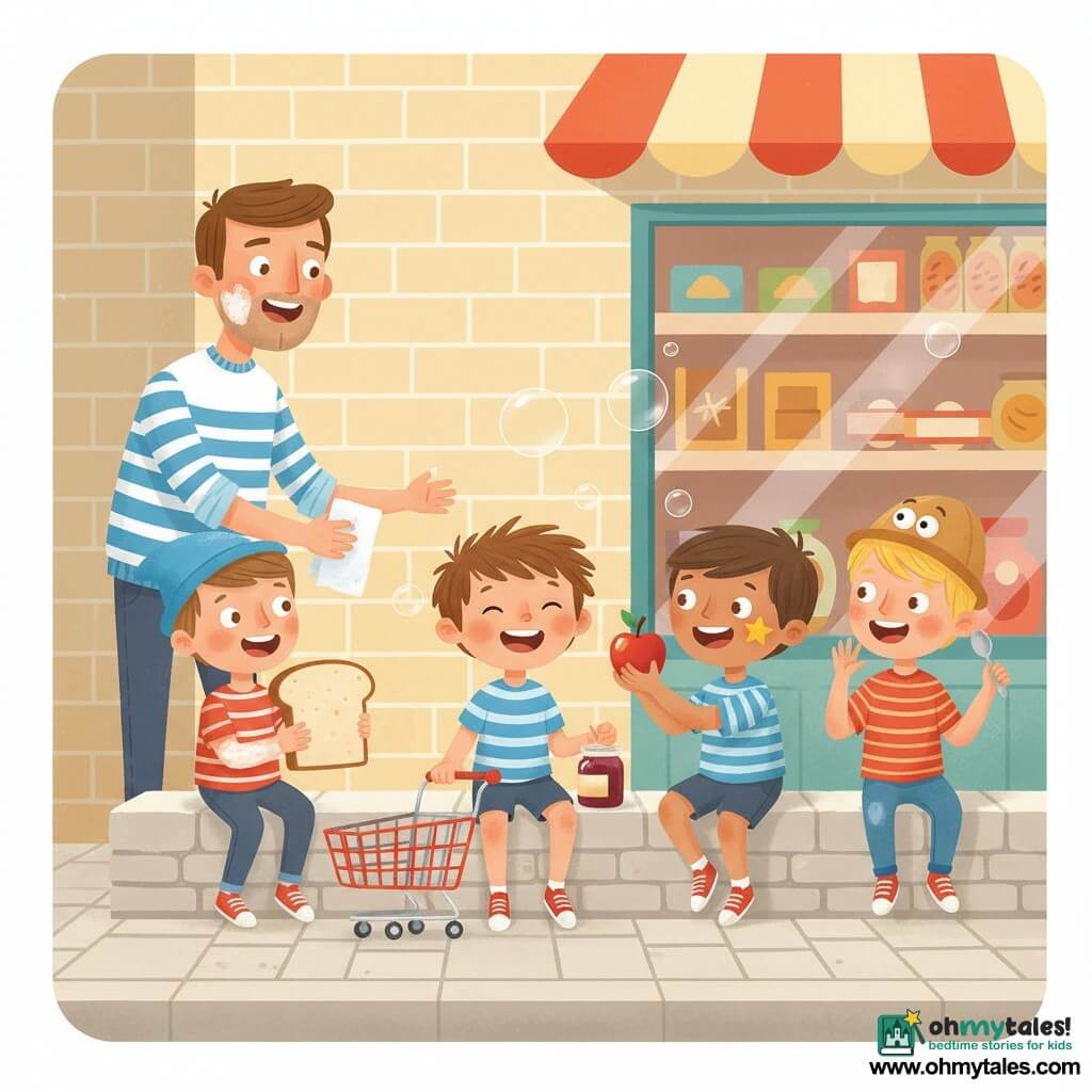 Five characters: Milo, a 6-year-old boy with tousled brown hair and a big smile, sitting center on a low stone wall holding a small red toy shopping cart by his knees; Ben, 6, wearing a crooked blue hat and flour-smudged sleeves, left of Milo, clutching a large slice of bread like a treasure; Omar, 6, tan-skinned with a star sticker on his cheek, right of Milo, offering a shiny red apple; Leo, 6, blond with laughing eyes at the far right, wearing a funny-eyed hat and waving a small spoon; and Mr. Green, about 45, in a striped shirt with flour on his cheek, standing behind the wall at left, handing a paper napkin with a warm smile. Setting: small pavement in front of a colorful grocery with pale yellow brick walls, a visible shop window and light cobbles, soft golden late-afternoon light and a few translucent bubbles in the air. Main scene: the children share an impromptu mini-picnic on the wall—passing a slice of bread, a jar of open jam, a shiny apple and small spoons—joyful faces, shared laughter, chaotic but tender atmosphere.
