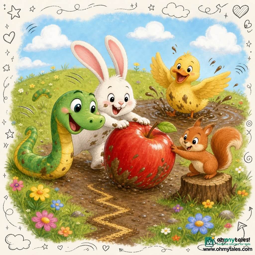 A cute, gentle snake colored pale green with yellow stripes grinning mischievously pushes a big shiny red apple with its snout as it rolls down a grassy hill; beside it a white rabbit with long pink ears and fluffy fur laughs and pushes the apple with its forepaws slightly front-left, a small red squirrel on a nearby stump to the right reaches out to nudge the apple, and a yellow duck with an orange bill flaps behind the apple, splashing mud from a shiny brown puddle at the hill's center; the scene has colorful flowers on the green hill, a light blue sky with fluffy white clouds and simple overlay doodles (stars, hearts, motion lines), the apple rolls fast leaving a zigzag trail, all characters laugh and are splattered with mud in a lively, joyful, dynamic moment.