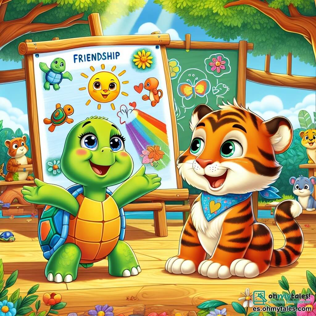 Tula, una pequeña tortuga verde con un caparazón colorido, sonríe alegremente mientras sostiene un gran cartel que dice "La amistad" con dibujos coloridos. Está llena de entusiasmo, con los ojos brillantes de felicidad. A su lado, Tito, un joven tigre de rayas naranjas y ojos brillantes, mira con admiración el cartel, mostrando una sonrisa tímida pero feliz. Están en un aula en plena naturaleza, con paredes de troncos de árboles y ventanas abiertas que dejan entrar la luz del sol, iluminando dibujos de animales en las paredes. Flores coloridas y hojas verdes decoran la habitación, creando una atmósfera cálida y acogedora. Tula y Tito presentan su proyecto sobre la amistad frente a sus compañeros animales, que los escuchan atentamente, llenos de emoción y curiosidad.
