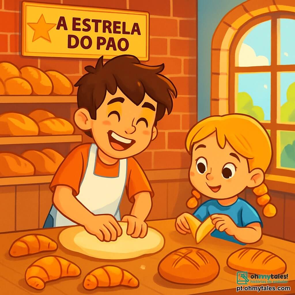 Um jovem, Lucas, com cabelos castanhos bagunçados e um grande sorriso alegre, usa um avental branco e está amassando massa de pão em uma padaria. Ele tem olhos brilhantes de paixão e bochechas levemente rosadas. Ao seu lado, uma menina de cinco anos, Sofia, com cabelos loiros trançados e olhos curiosos, tenta moldar um croissant com uma expressão concentrada e divertida. A padaria, "A Estrela do Pão", é um lugar acolhedor, com paredes de tijolos vermelhos, prateleiras de madeira cheias de pães dourados e uma grande janela que deixa entrar a luz da manhã, iluminando a cena. Lucas e Sofia compartilham um momento alegre, aprendendo juntos, com risadas e gestos entusiasmados.
