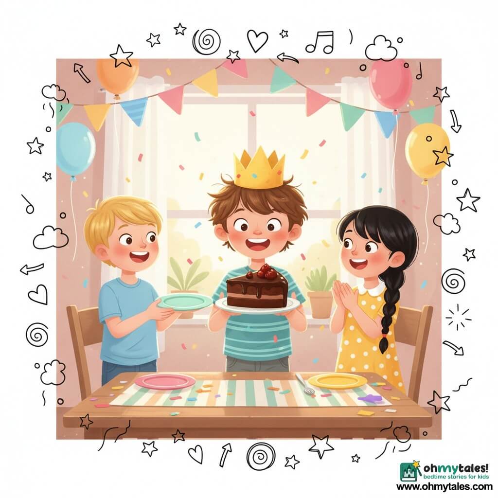 Three children, about 8 years old: Alex in the center with messy brown hair and a yellow paper crown, holding a large slice of chocolate cake, surprised and smiling; Jamie on the left with short blond hair and a light blue T‑shirt, offering a plate, proud and joyful; Ella on the right with black braided hair and a yellow polka‑dot dress, clapping enthusiastically. Bright living room decorated for a birthday: pastel walls, multicolored garlands, balloons floating at the ceiling, wooden table with a striped tablecloth, scattered confetti and colorful plates, window with soft sunlight. Moment of surprise after discovering the cake, festive warm mood, joyful expressions, confetti in the air, vivid contrasting colors, visible textures (glossy cake icing, satin balloon ribbons), composition centered on the three children, soft rounded youthful style with small doodles (stars, hearts, music notes) around them.