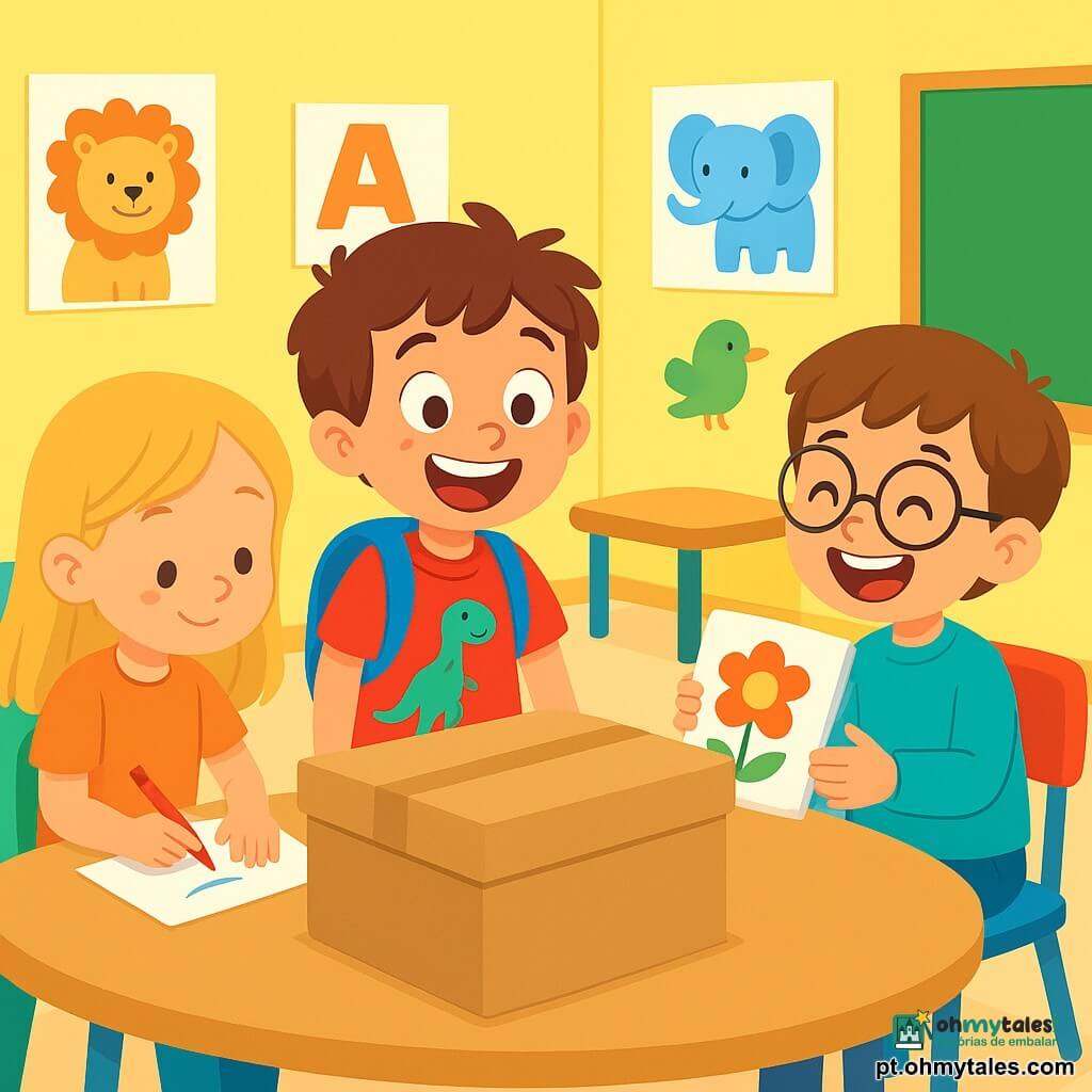Um garoto de 6 anos, chamado Pedro, com cabelo castanho bagunçado e um grande sorriso animado, está no centro da sala de aula, com os olhos brilhando de curiosidade. Ele usa uma camiseta vermelha com um dinossauro e uma mochila azul nas costas. À sua direita, Ana, uma menina de 6 anos com cabelo longo e loiro, está concentrada em seu desenho, segurando um lápis colorido. À sua esquerda, Lucas, um garoto de 6 anos com óculos redondos e cabelo castanho, ri enquanto mostra um livro para Pedro. A sala de aula é iluminada, com paredes amarelas e cartazes coloridos de animais e letras. Mesas de madeira estão dispostas em círculo, cercadas por cadeiras multicoloridas. Pedro, com uma expressão de excitação, observa uma grande caixa misteriosa na mesa da professora, se perguntando o que há dentro, enquanto seus amigos se preparam para descobrir a atividade especial do dia.