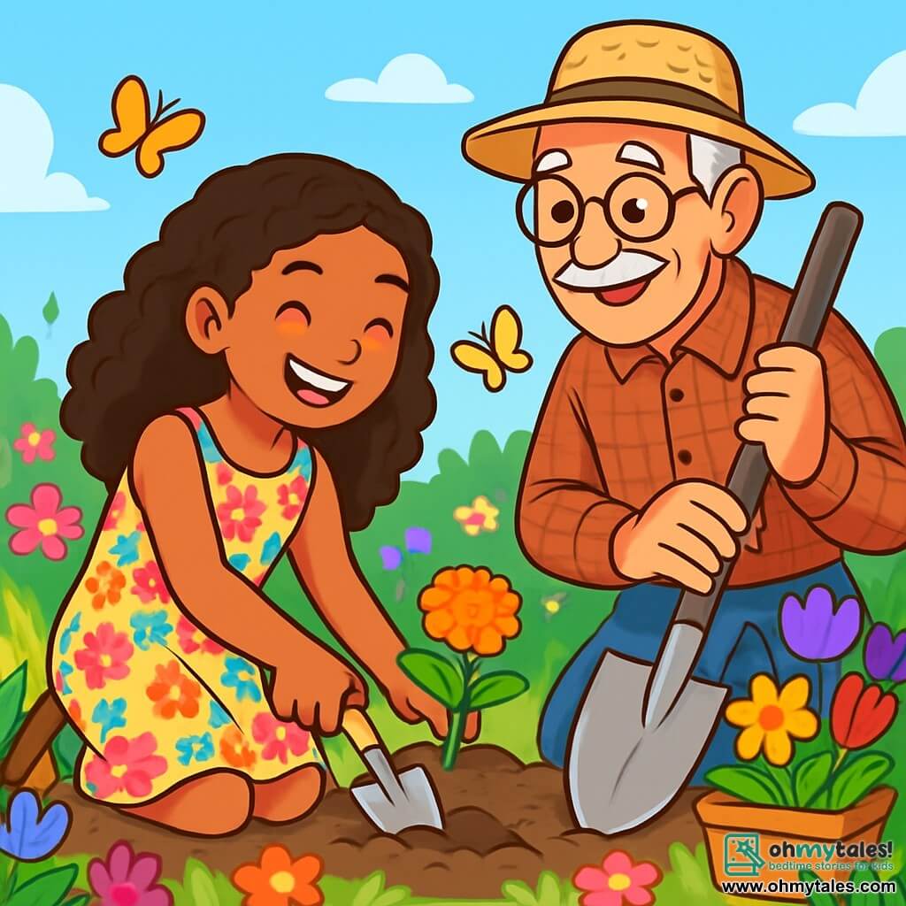 Amira, a 12-year-old girl, has curly brown hair cascading over her shoulders. She wears a light dress with colorful floral patterns and displays a big smile radiating joy and determination. She is planting flowers in Mr. Jenkins' garden, an elderly man with a wrinkled face and round glasses, who watches her with a caring and proud look. Mr. Jenkins, dressed in a checked shirt and a straw hat, holds a shovel and stands beside Amira, showing her how to plant the flowers properly. The garden is an enchanting place filled with vibrant flowers of all colors, with butterflies fluttering around and a clear blue sky in the background. The main scene shows Amira and Mr. Jenkins working together, surrounded by the beauty of nature, illustrating the spirit of camaraderie and sharing during Ramadan.