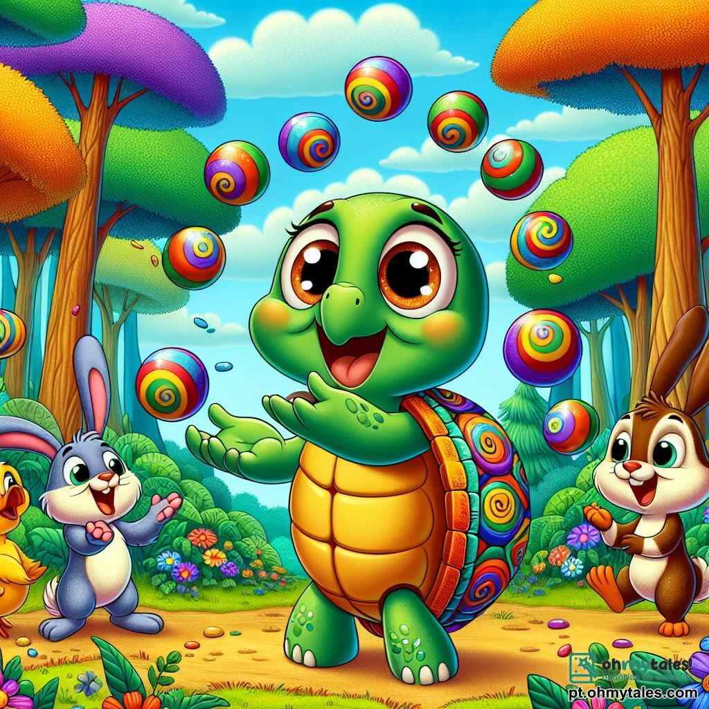 Tuca, a tartaruga, está no centro da imagem, com um grande sorriso no rosto. Ela tem uma carapaça colorida, decorada com padrões em espiral, e está fazendo malabarismos com pequenas pedras brilhantes, com os olhos cheios de excitação. À sua direita, Beto, o coelho, salta alegremente no ar, suas grandes orelhas flutuando atrás dele, rindo de coração, com as patas dianteiras levantadas como se estivesse aplaudindo. À esquerda, Fred, o pato, está em pé em uma pata, cantando com uma expressão cômica, suas penas amarelas brilhantes contrastando com o verde da floresta. O cenário é uma floresta encantada, cheia de árvores com troncos grossos e folhas coloridas, com flores multicolores por toda parte. Ao fundo, vê-se um céu azul claro salpicado de nuvens fofas. A cena principal mostra Tuca e seus amigos se preparando para um concurso de talentos, cercados por animais curiosos que os observam com olhos maravilhados, prontos para rir e aplaudir suas performances hilárias.