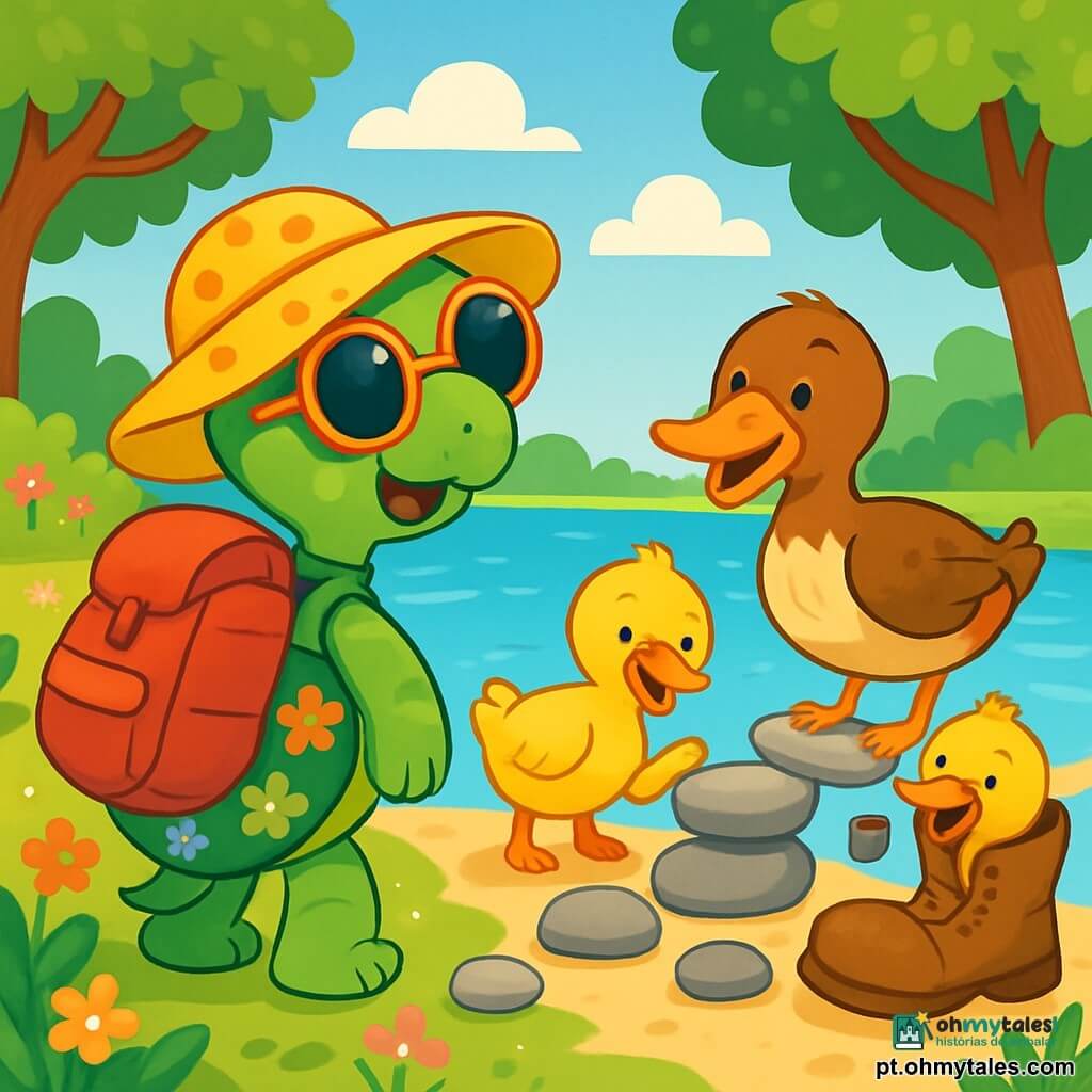 Uma tartaruga alegre chamada Teodora, com um grande chapéu amarelo de bolinhas e óculos de sol, está à beira de um lago cintilante, seu rosto expressando curiosidade. Ela tem um casco verde decorado com pequenas flores coloridas e uma grande mochila cheia de surpresas ao seu lado. Perto dela, um grupo de três patos com penas brilhantes, um pato adulto com um bico laranja vivo, um pato jovem com penas fofas e um pato um pouco desajeitado, tentam levantar pedras para construir uma escultura, mostrando determinação e diversão. O cenário é um lindo bosque, com árvores de folhas verdes vibrantes, flores multicoloridas e um céu azul com nuvens brancas fofas. Teodora, divertida, observa os patos rindo e escorregando nas pedras, enquanto um dos patos fica preso em uma bota velha, criando uma cena cheia de alegria e camaradagem.