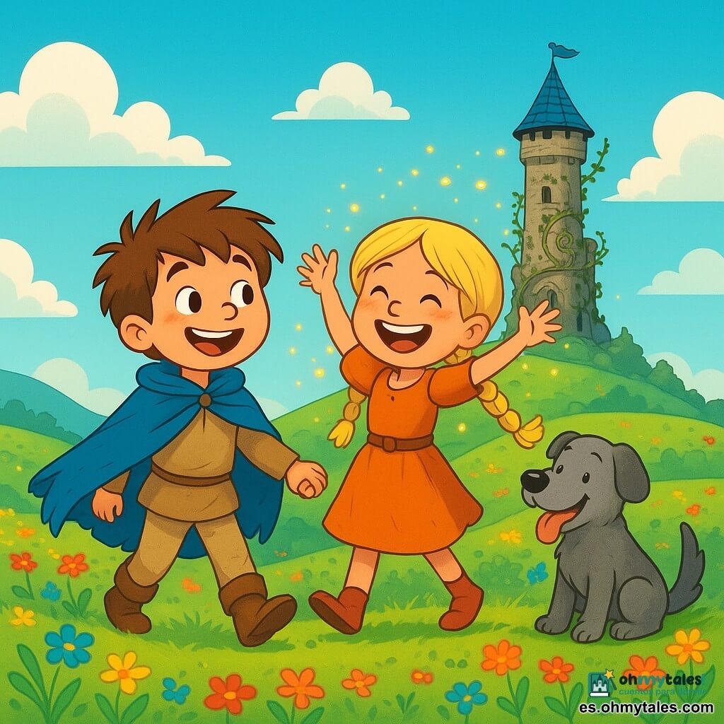 Un hombre explorador, Eno, está en la cima de una colina verde, con una gran sonrisa de asombro. Lleva una capa azul desgastada, pantalones de tela beige y botas de cuero, con el cabello castaño alborotado por el viento. A su lado, una niña de diez años, Lina, con ojos brillantes y trenzas rubias, levanta los brazos riendo, rodeada de pequeñas luces centelleantes, luminillas, que bailan a su alrededor. Un perro, Rasgo, de pelaje gris y orejas caídas, se sienta alegremente cerca de ellos, con la lengua afuera, como si quisiera jugar. El paisaje es un vasto campo de flores coloridas, con colinas ondulantes en el horizonte y un cielo azul salpicado de nubes blancas. Al fondo, el majestuoso Donjon del Norte, una antigua torre de piedra, se alza orgullosamente, con engranajes visibles y enredaderas que la rodean, evocando un misterio encantador. La escena principal muestra a Eno y Lina, de la mano, listos para entrar en el Donjon, con rostros radiantes de emoción y determinación, mientras se preparan para despertar la Gran Relojería y devolver la vida a su mundo.