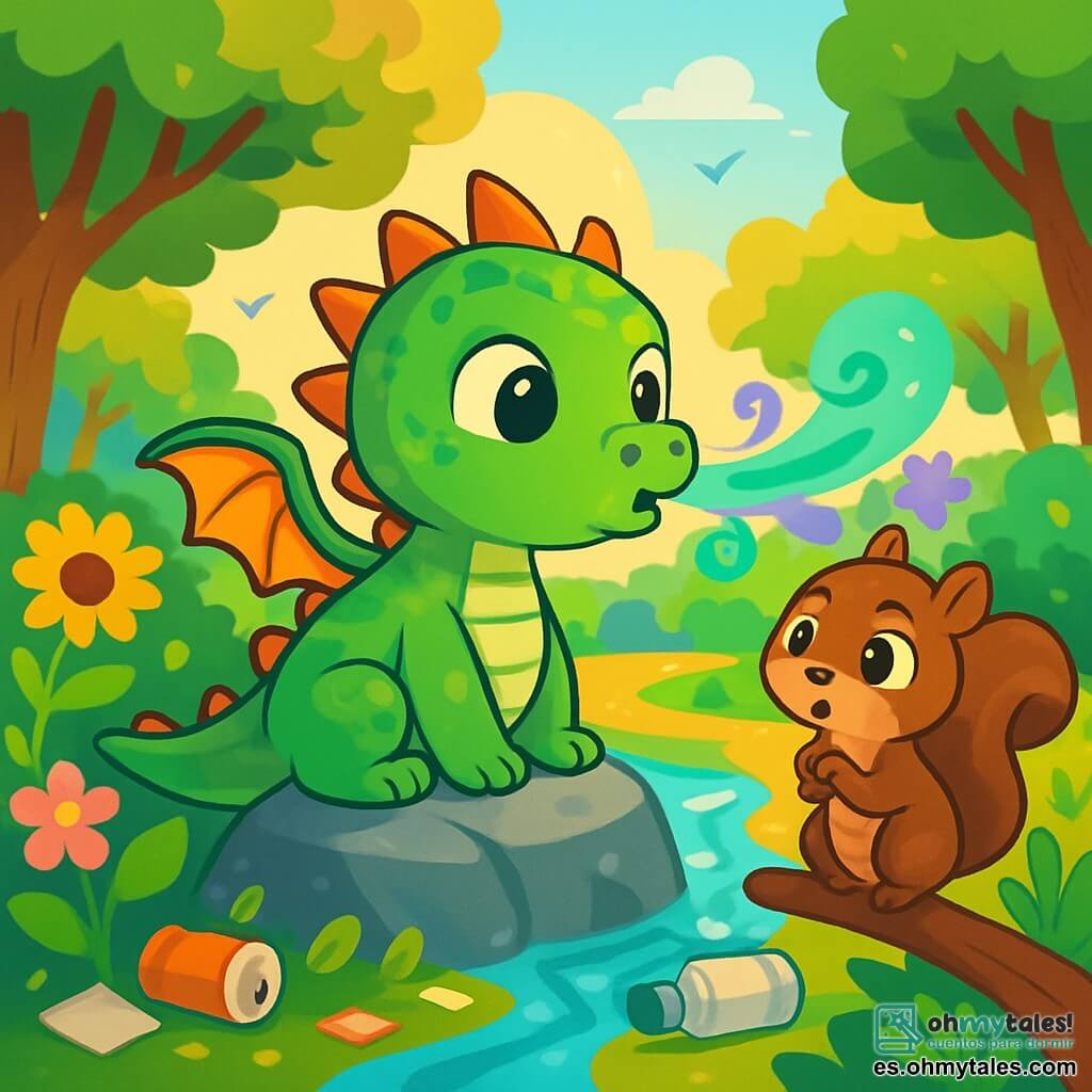 Un pequeño dragón verde llamado Pepe, con escamas brillantes y ojos chispeantes de determinación, sopla una suave brisa perfumada de menta y lavanda. Está posado sobre una piedra al borde de un arroyo resplandeciente, rodeado de flores brillantes y hojas verdes. A su lado, una pequeña ardilla marrón llamada Anita, con una cola esponjosa y ojos redondos llenos de preocupación, observa al dragón con esperanza. Ella se encuentra en una rama baja, lista para ayudarlo en su misión. Al fondo, el parque de Verdeplanta está bañado en luz dorada, con árboles majestuosos, flores coloridas y un cielo azul claro. El arroyo, antes turbio, comienza a brillar bajo el sol, mientras los pájaros cantan alegremente. La situación principal muestra a Pepe y Anita unidos en su esfuerzo por salvar el arroyo, con basura esparcida a su alrededor, simbolizando el desafío que deben superar juntos.