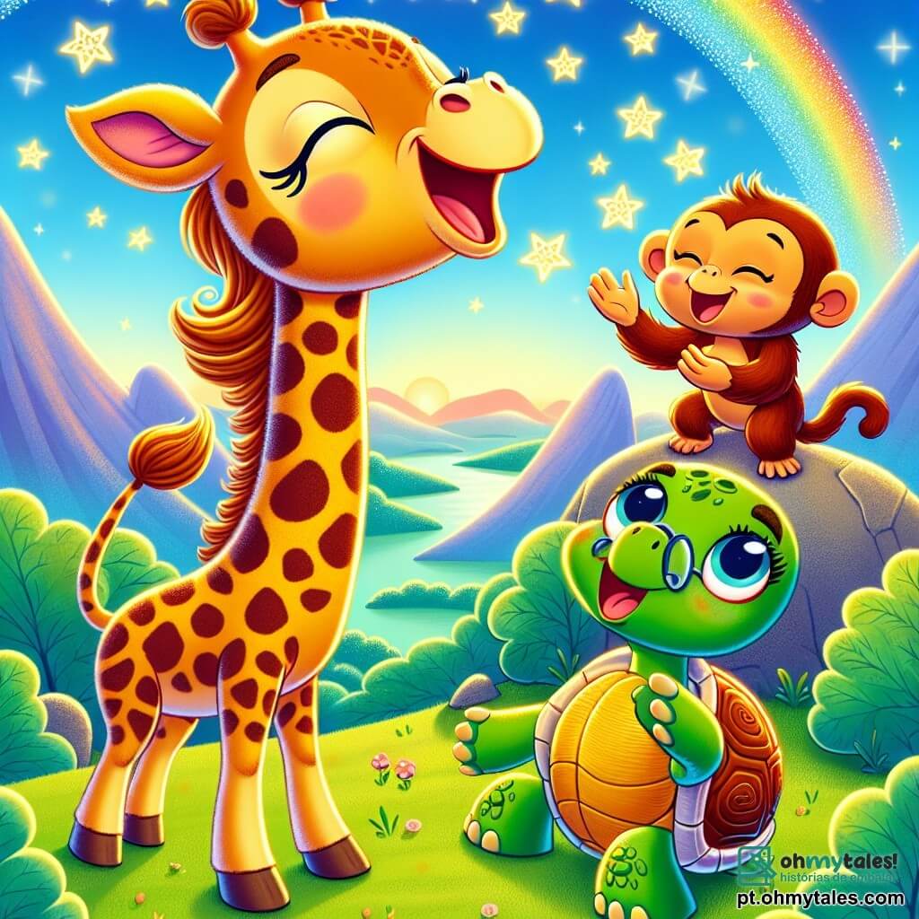 Uma girafa chamada Gigi, com um longo pescoço gracioso e manchas douradas brilhantes, está no topo de uma montanha, seu rosto iluminado por um grande sorriso de alegria e admiração. Ao seu lado, um pequeno macaco travesso chamado Tico, com pelagem marrom e olhos brilhantes, aplaude entusiasticamente, enquanto uma doce tartaruga chamada Tuca, com uma carapaça verde e óculos redondos, observa com admiração, sentada em uma pedra. O céu é pintado com cores vibrantes, com estrelas cintilantes que começam a aparecer, e uma paisagem de colinas verdejantes se estende até onde a vista alcança. Gigi, cercada por seus amigos, celebra sua vitória por ter alcançado o topo da Montanha dos Sonhos, percebendo que a verdadeira aventura reside na amizade e na bondade.
