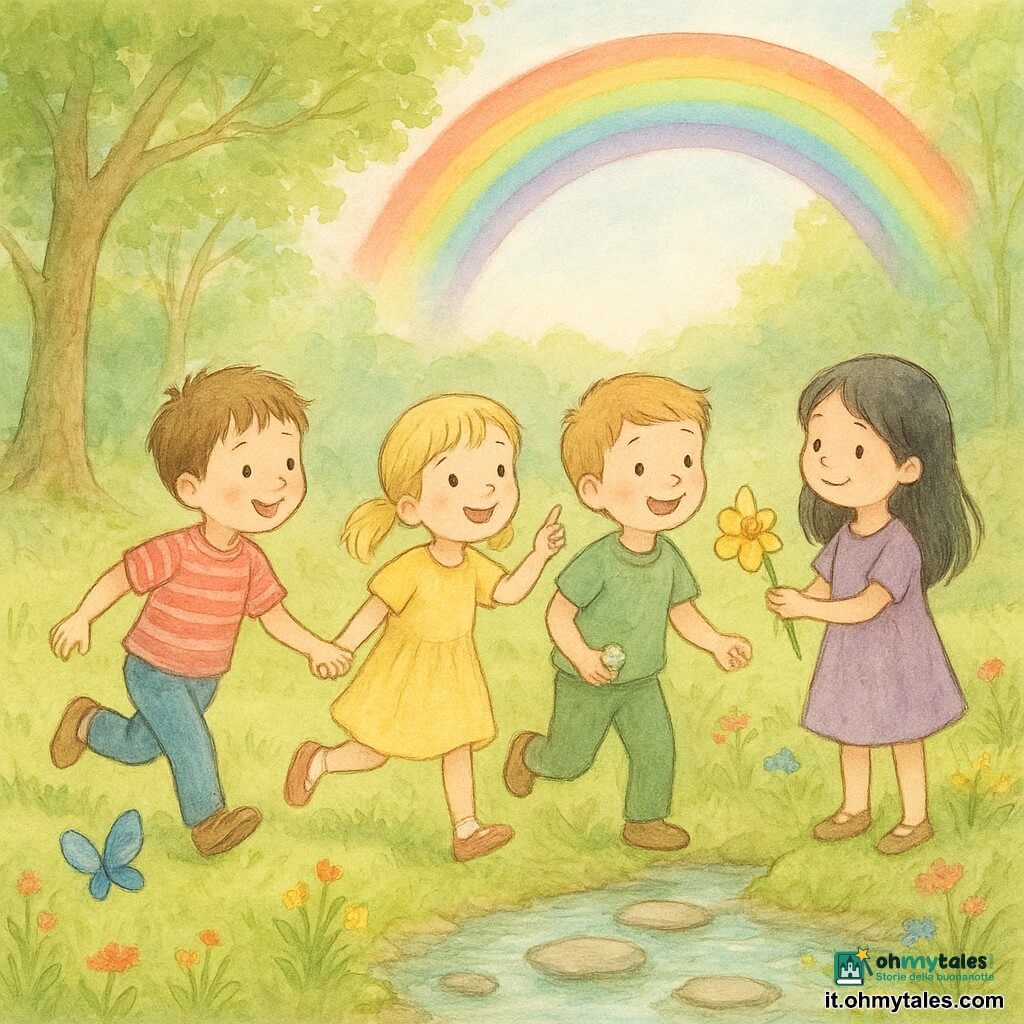 Quattro bambini in un boschetto primaverile illuminato: Luca, bambino dai capelli corti castani e lentiggini con maglia rossa a righe, corre verso destra guardando una piccola farfalla blu vicino a un albero in primo piano a sinistra; Sara, bambina con trecce bionde e vestito giallo, sorride e indica l'arcobaleno al centro della scena accanto a Luca; Leo, bimbo dai capelli castano chiaro e pantaloni verdi, tiene la mano di Sara e mostra una pietra brillante vicino a un piccolo ruscello sul centro-sinistra; Mia, bambina dai capelli neri lisci e vestito viola, offre un grande fiore giallo a Sara stando sulla riva fiorita a destra. Il luogo: alberi alti, erba morbida, ruscello chiaro con pietre per saltare e ciuffi di fiori colorati, un grande albero con radici visibili a sinistra e un arcobaleno vivace su cielo azzurro pallido. Situazione: i quattro scoprono l'arcobaleno, saltano e ridono vicino al ruscello con gesti di aiuto e sguardi stupiti; stile delicato, contorni sottili a matita e acquerello trasparente dai toni pastello.