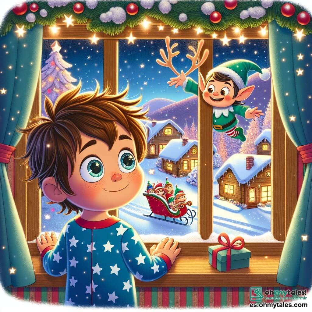 Un niño de 5 años, Miguel, con cabello castaño desordenado y ojos brillantes de curiosidad, está frente a una ventana, maravillado por el paisaje nevado. Lleva un pijama azul con estrellas blancas y un gorro rojo de Navidad. Afuera, un pequeño duende llamado Tico, con orejas puntiagudas, piel verde y una sonrisa traviesa, flota en el aire junto a un trineo lleno de regalos, listo para llevar a Miguel en una aventura mágica. El lugar es un encantador pueblo navideño, con casas de madera decoradas con guirnaldas luminosas, copos de nieve cayendo suavemente y árboles brillantes. La escena está bañada en una luz suave y cálida, evocando el espíritu navideño. La situación principal muestra a Miguel, con los ojos abiertos de alegría, mirando a Tico que lo invita a subir al trineo, mientras las estrellas brillan en el cielo nocturno, creando una atmósfera mágica y encantada.