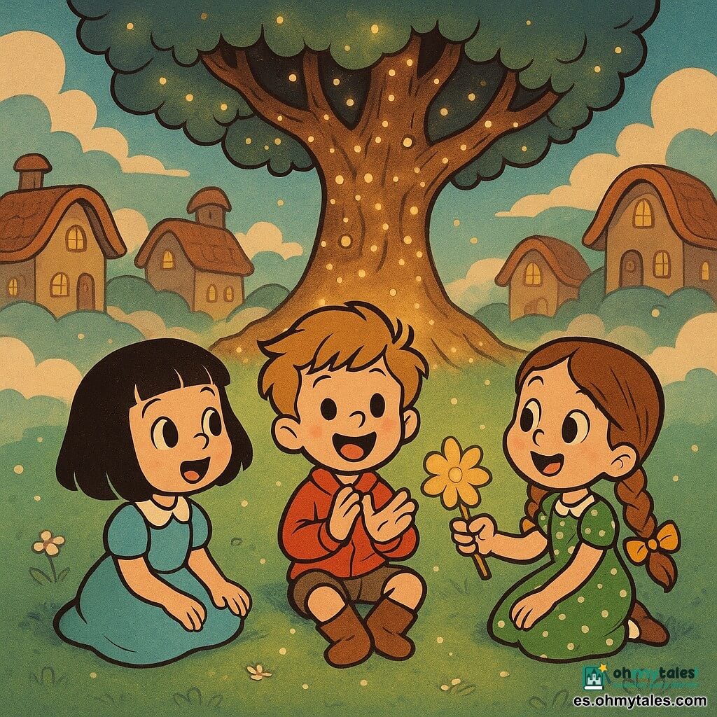 Hay tres niños: Luna, 6 años, pelo negro corto y brillante, ojos grandes, vestido azul claro con cuello blanco, sentada a la izquierda bajo un árbol, cantando suavemente mirando una pequeña estrella; Mateo, 6 años, pelo castaño claro alborotado, chaqueta roja y botas marrones, en el centro, aplaudiendo y tamborileando en las piernas; Sofía, 6 años, pelo largo trenzado con lazos amarillos, vestido verde con lunares, a la derecha, ofreciendo una flor dorada luminosa al tronco. Están en una plaza flotante sobre nubes bajas con casas de madera de techos redondeados que levitan, calles de bandas de luz, y en el centro un gran árbol nudoso cubierto de pequeñas luces parecidas a luciérnagas y mini-ventanas; suelo de musgo verde con pétalos plateados brillantes. Los tres, sentados en círculo bajo el árbol, comparten gestos de gratitud — canción, aplausos y ofrenda — mientras las luces del árbol se juntan formando una estrella brillante; ambiente cálido en tonos pastel saturados, sombras suaves y expresiones de asombro y alegría.