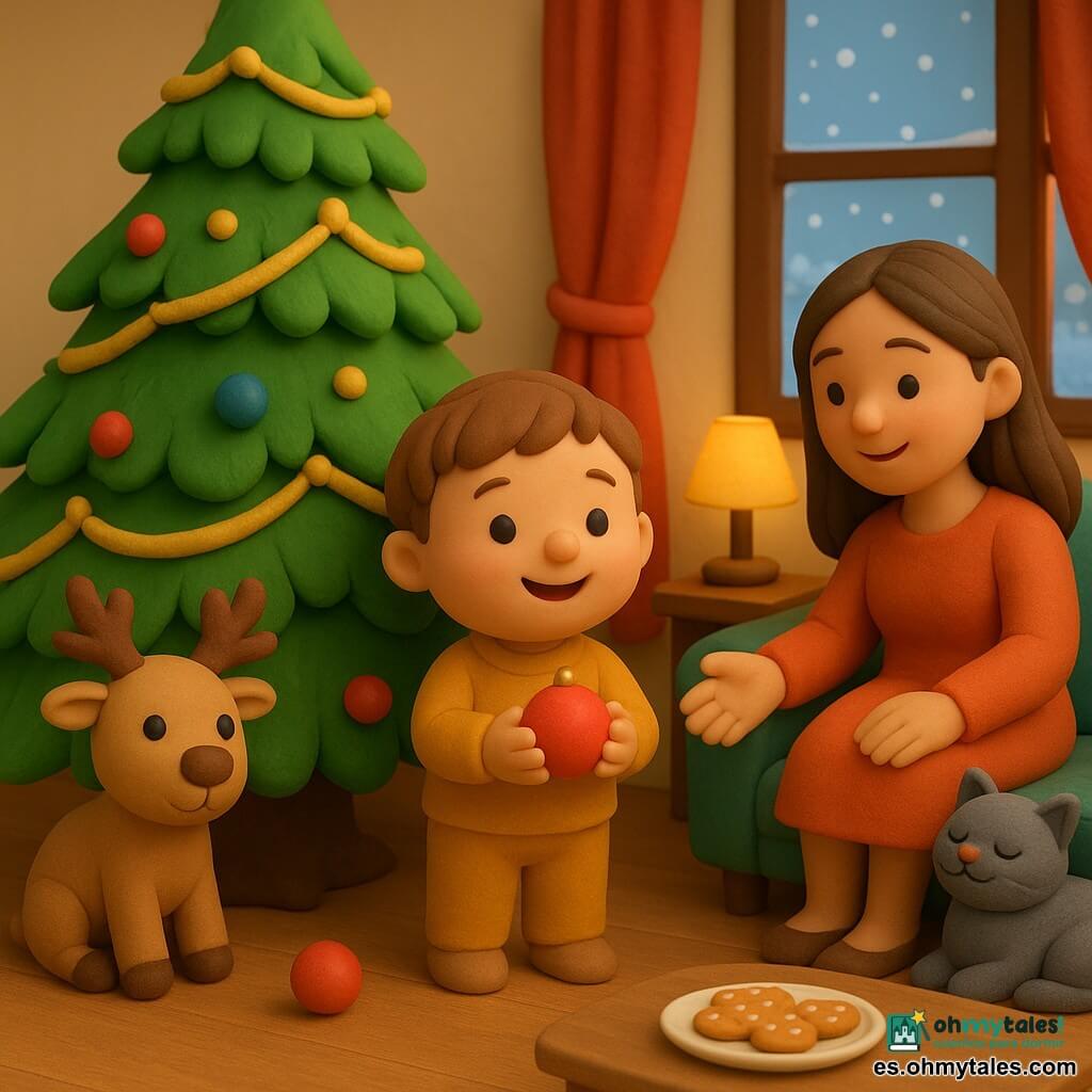 Un niño de 2 años, pelo castaño claro y mejillas regordetas, sostiene una bola de Navidad roja y la cuelga del árbol con expresión maravillada; la madre, sentada a la derecha, lo anima con una sonrisa mientras el padre, a la izquierda, recoge otra bola caída; a su lado hay un reno de peluche beige y un gato gris ronronea en las rodillas de la madre. El salón es pequeño y acogedor, con luz cálida, cortinas rojas, suelo de madera clara y un gran árbol verde decorado con guirnaldas doradas y bolas rojas y azules; en la mesa baja hay una placa de galletas y un vaso de leche tibia con vapor; por la ventana se ven copos de nieve sobre un jardín blanco. La escena transmite intimidad, colores cálidos y formas redondeadas.
