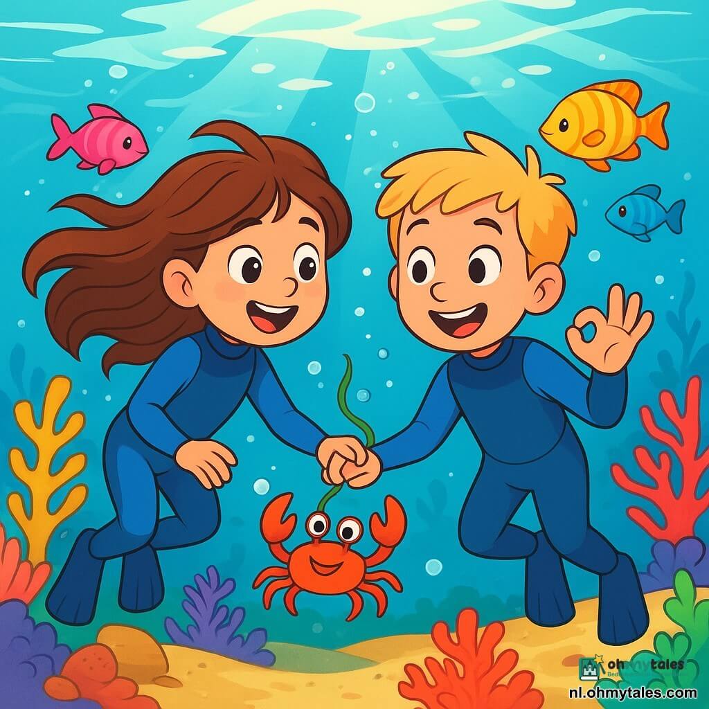 Een 8-jarig meisje, Lila, met lange bruine haren die in het water drijven, draagt een blauwe duikpak. Haar gezicht straalt van vreugde en verwondering terwijl ze kleurrijke vissen om zich heen observeert. Naast haar staat haar vriend Sami, een 8-jarig jongetje met kort blond haar, die enthousiast glimlacht en met zijn hand het teken "OK" maakt. Ze zwemmen in kristalhelder water, omringd door levendige koralen en kleine zeedieren. De scène speelt zich af in een rustige baai, waar de zon door het wateroppervlak filtert en schitteringen op het gouden zand creëert. Lila en Sami helpen een klein krabbetje dat in een zeewier verstrikt is geraakt, wat hun vastberadenheid en vriendelijkheid toont, terwijl ze samen een onderwateravontuur beleven.