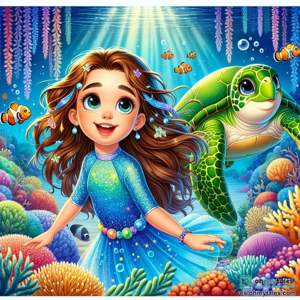 Una niña de 8 años, llamada Luna, con largos cabellos castaños que flotan como algas, lleva un traje de buceo azul brillante. Tiene una sonrisa maravillada y ojos llenos de curiosidad, mirando a su alrededor con una expresión de alegría. A su lado, una tortuga marina verde, con un caparazón adornado con patrones dorados, nada lentamente, pareciendo tranquila y amistosa. En el fondo, un pez payaso de colores vivos, naranja y blanco, juega entre los corales, añadiendo un toque de alegría a la escena. El lugar es un mundo submarino mágico, lleno de corales multicolores, plantas acuáticas ondulantes y rayos de luz filtrándose a través de la superficie del agua, creando un espectáculo de ensueño. La situación principal muestra a Luna y la tortuga buscando juntas el camino hacia la playa, rodeadas de criaturas marinas amistosas, mientras burbujas de aire escapan a su alrededor, añadiendo una atmósfera lúdica y alegre a la ilustración.